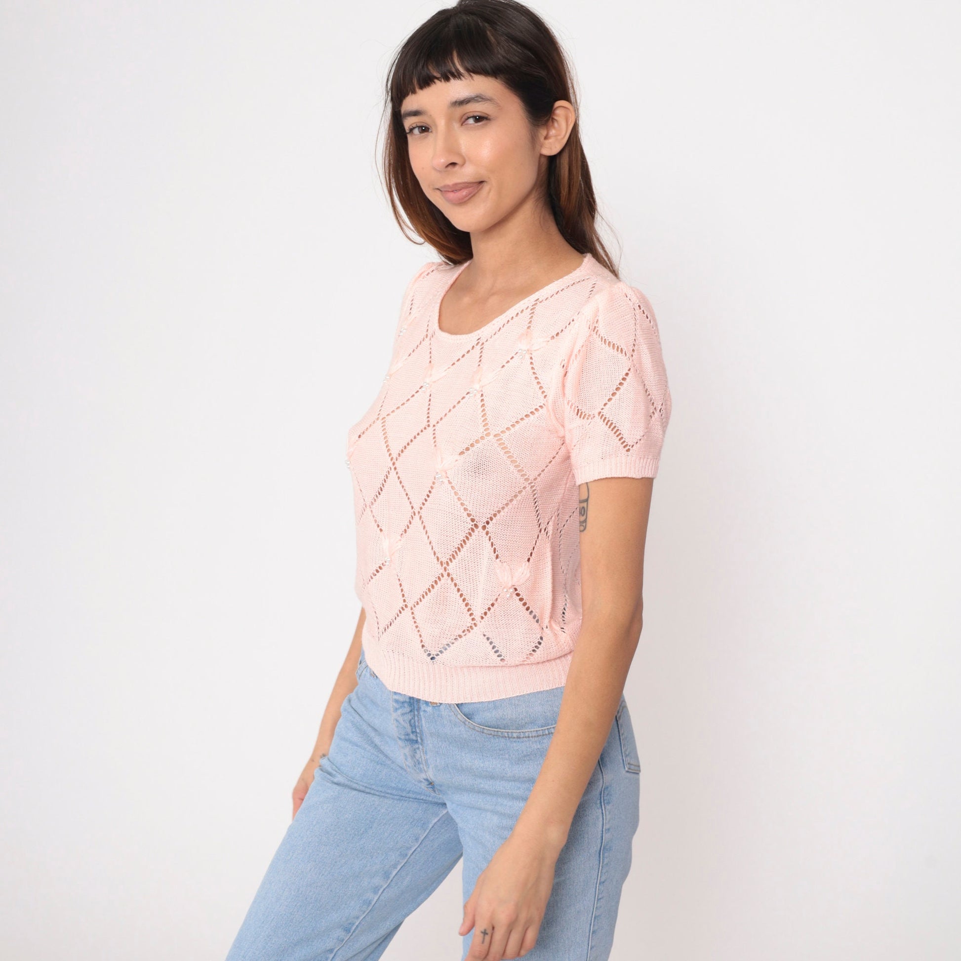 80s Baby Pink Pointelle Knit Top Pearl Beaded Puff Sleeve Cutout Small
