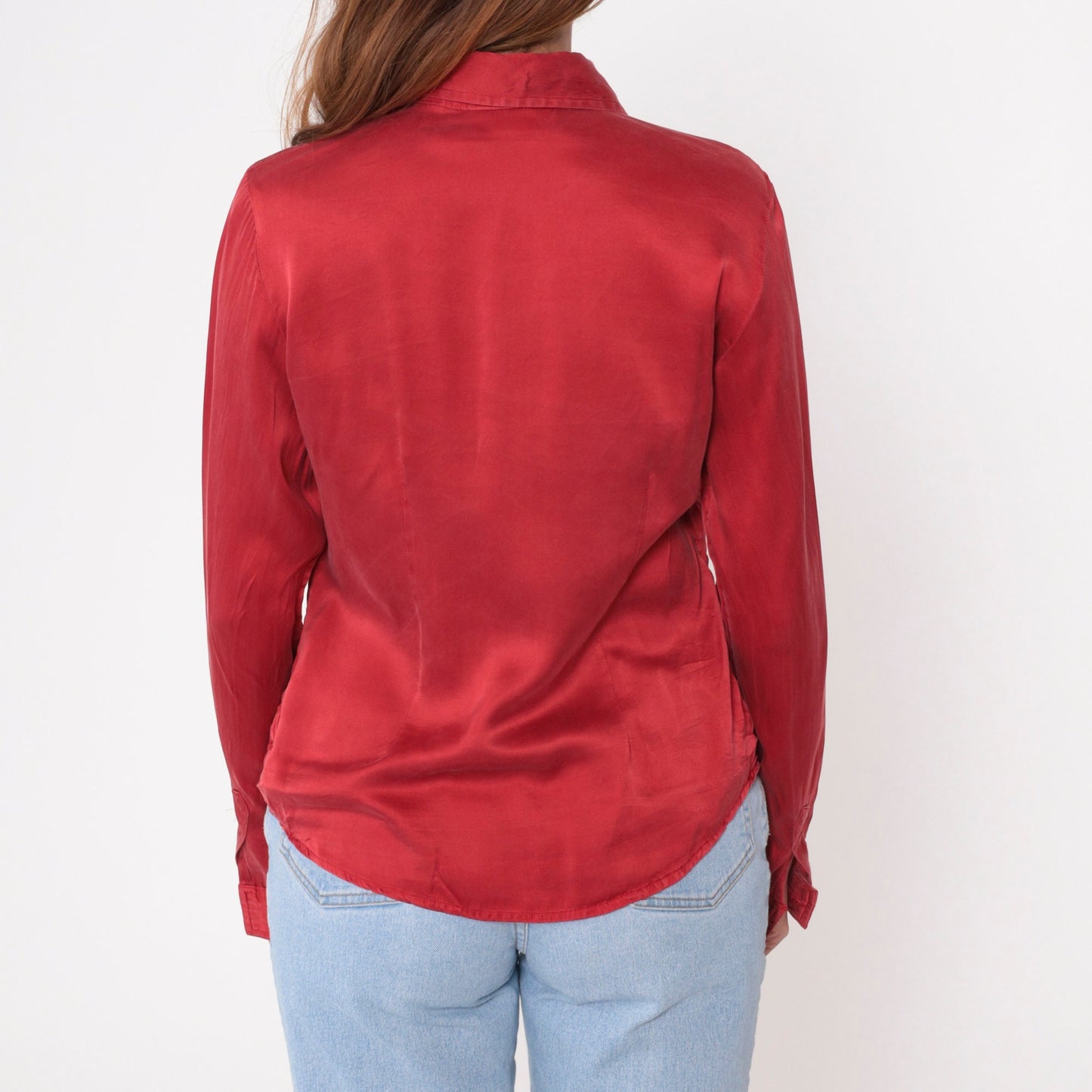 90s Red Silk Button-Up Blouse Long Sleeve Vintage Shirt Small 6