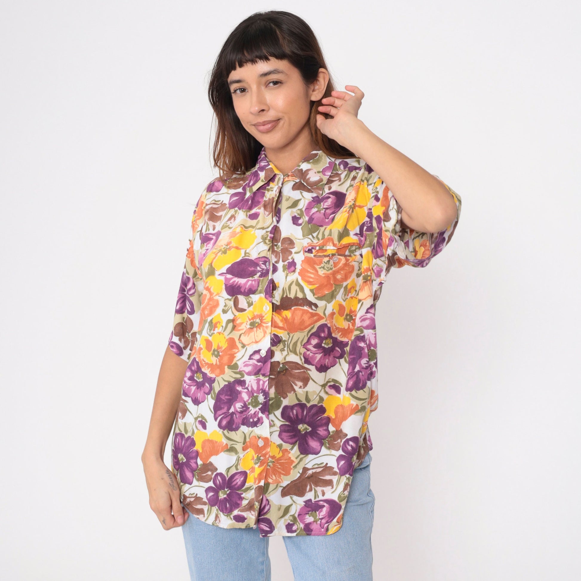 90s Watercolor Floral Rayon Button-Up Blouse Short Sleeve Large L