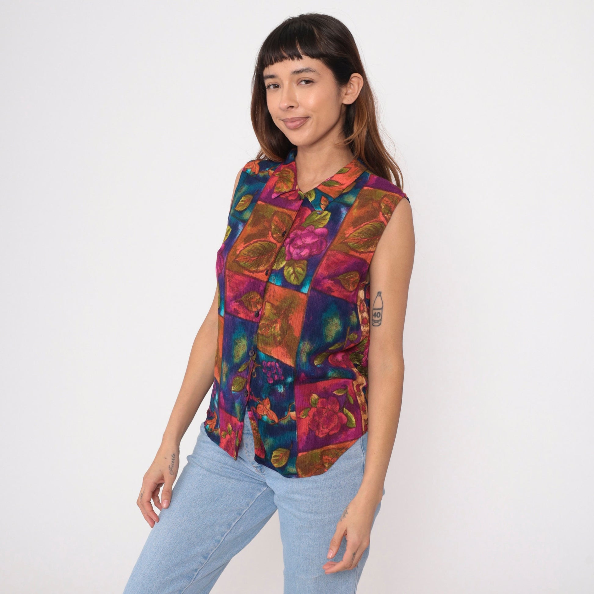 90s Floral Patchwork Button-Up Tank Top Rayon Sleeveless Blouse Medium