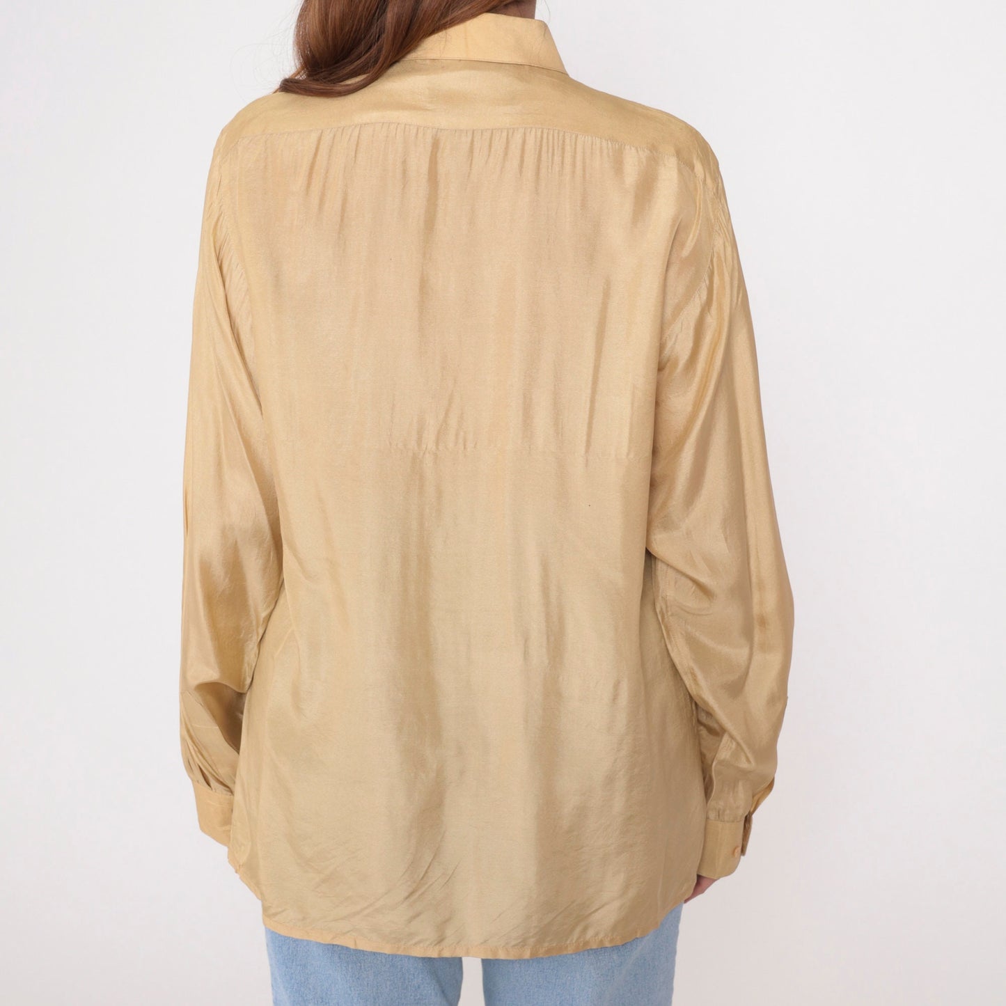 90s Giorgio Armani Silk Button-Up Shirt Muted Yellow Long Sleeve Men's Large