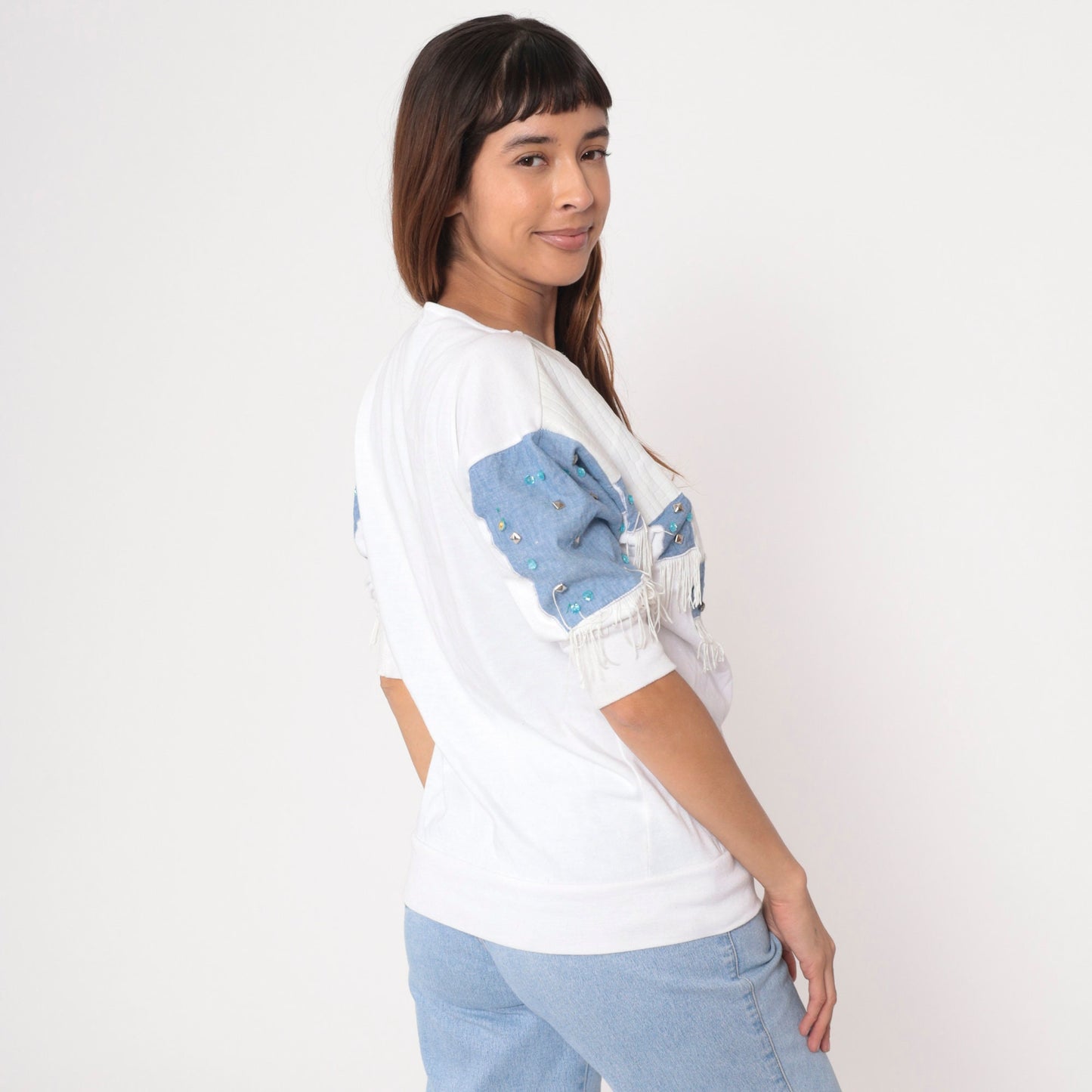 90s Southwestern Studded Beaded White T-Shirt Vinyl Snakeskin 3/4 Sleeve Medium