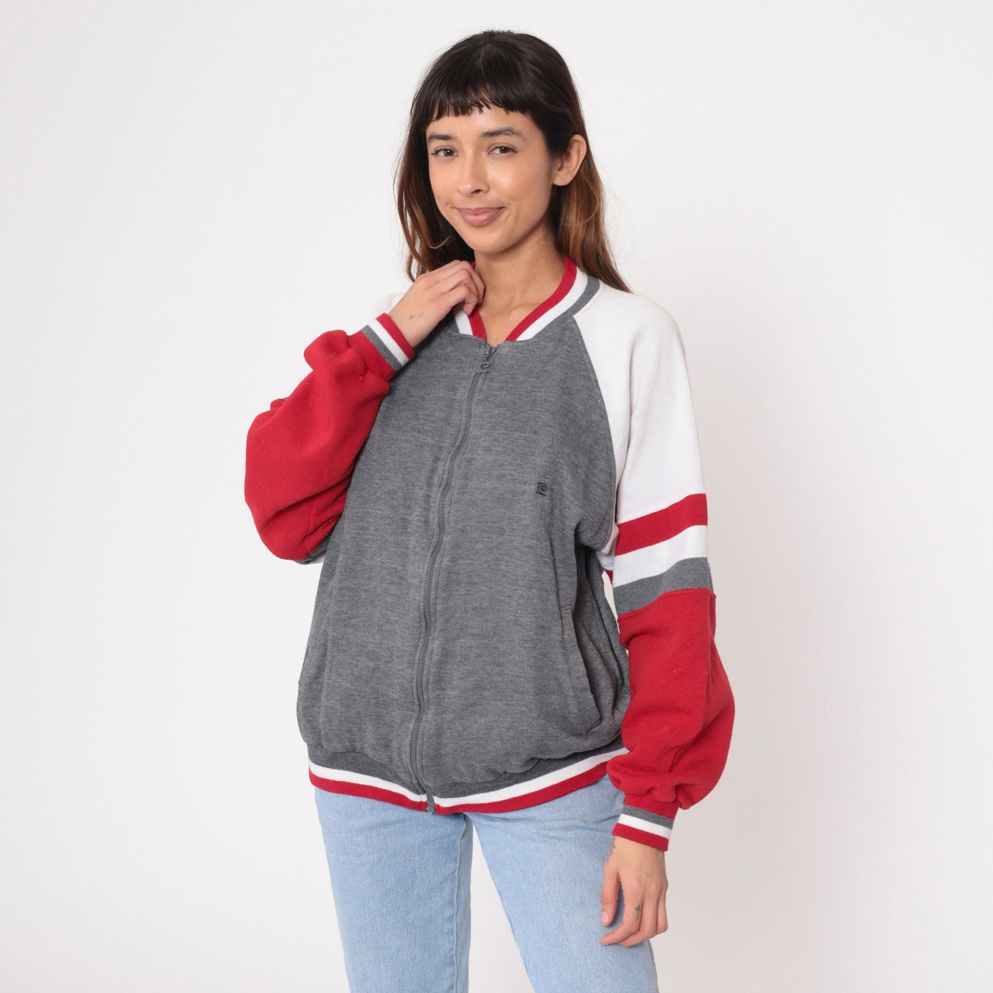 90s Pierre Cardin Zip-Up Sweatshirt Heather Grey Red White Stripe Large L