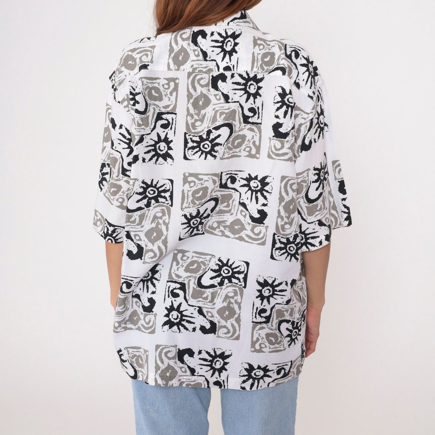 90s Celestial Sun Print Button Up Shirt Black White Geometric Medium