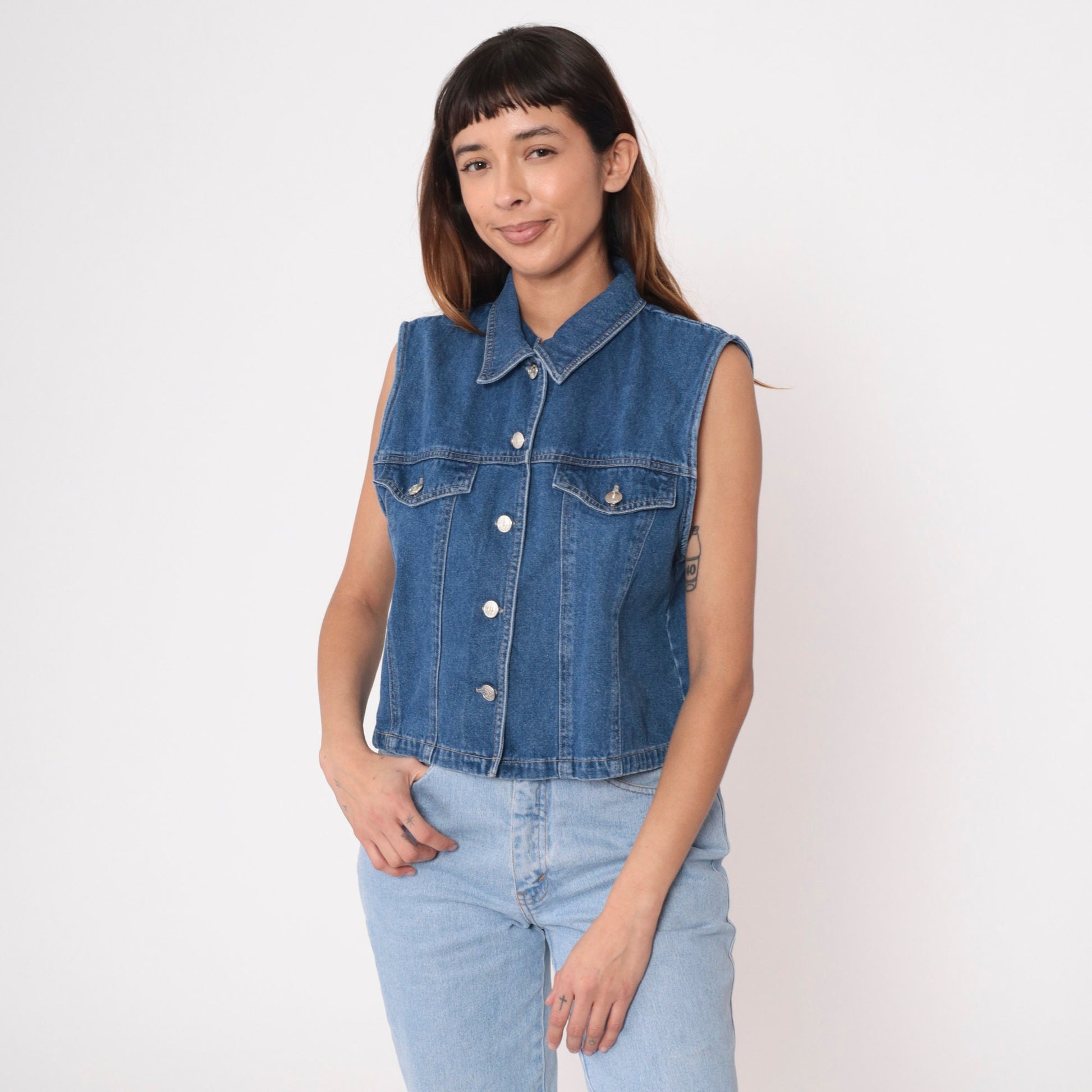 90s Blue Denim Sleeveless Button-Up Shirt Collared Tank Medium