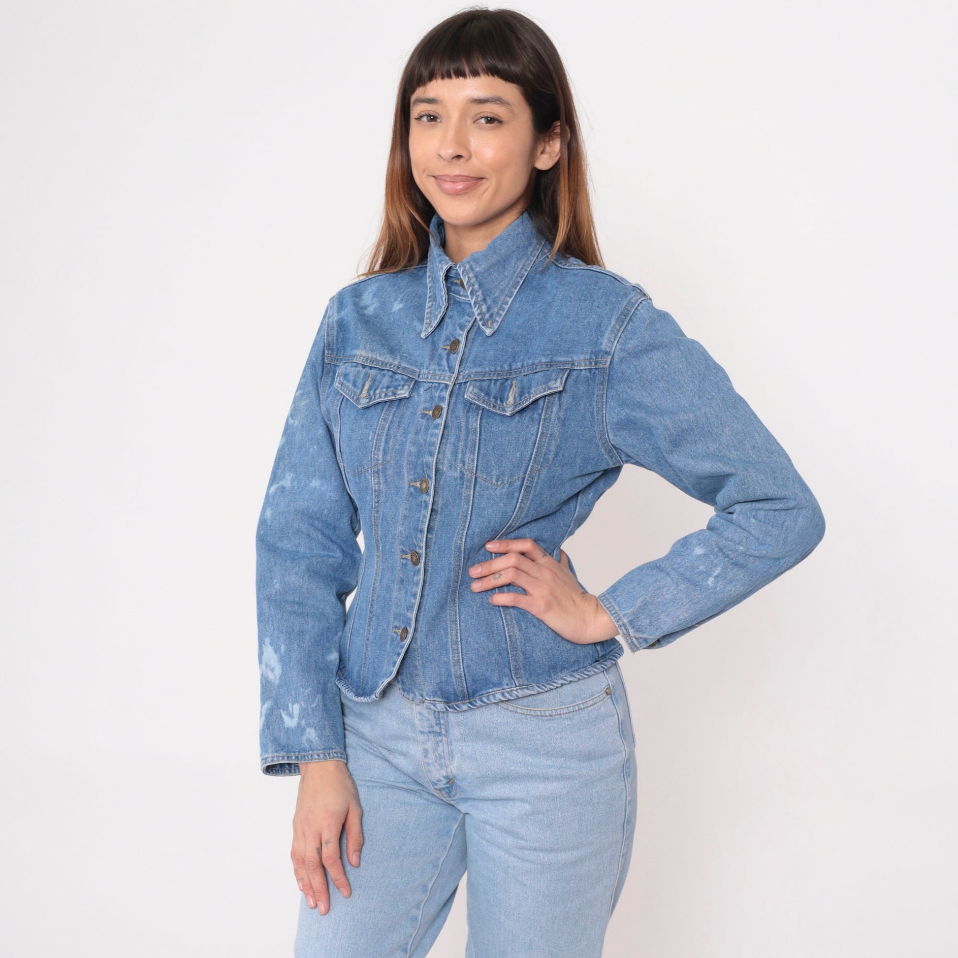 90s Baccini Bleach Splatter Denim Jacket Fitted Blue Stone Wash Small