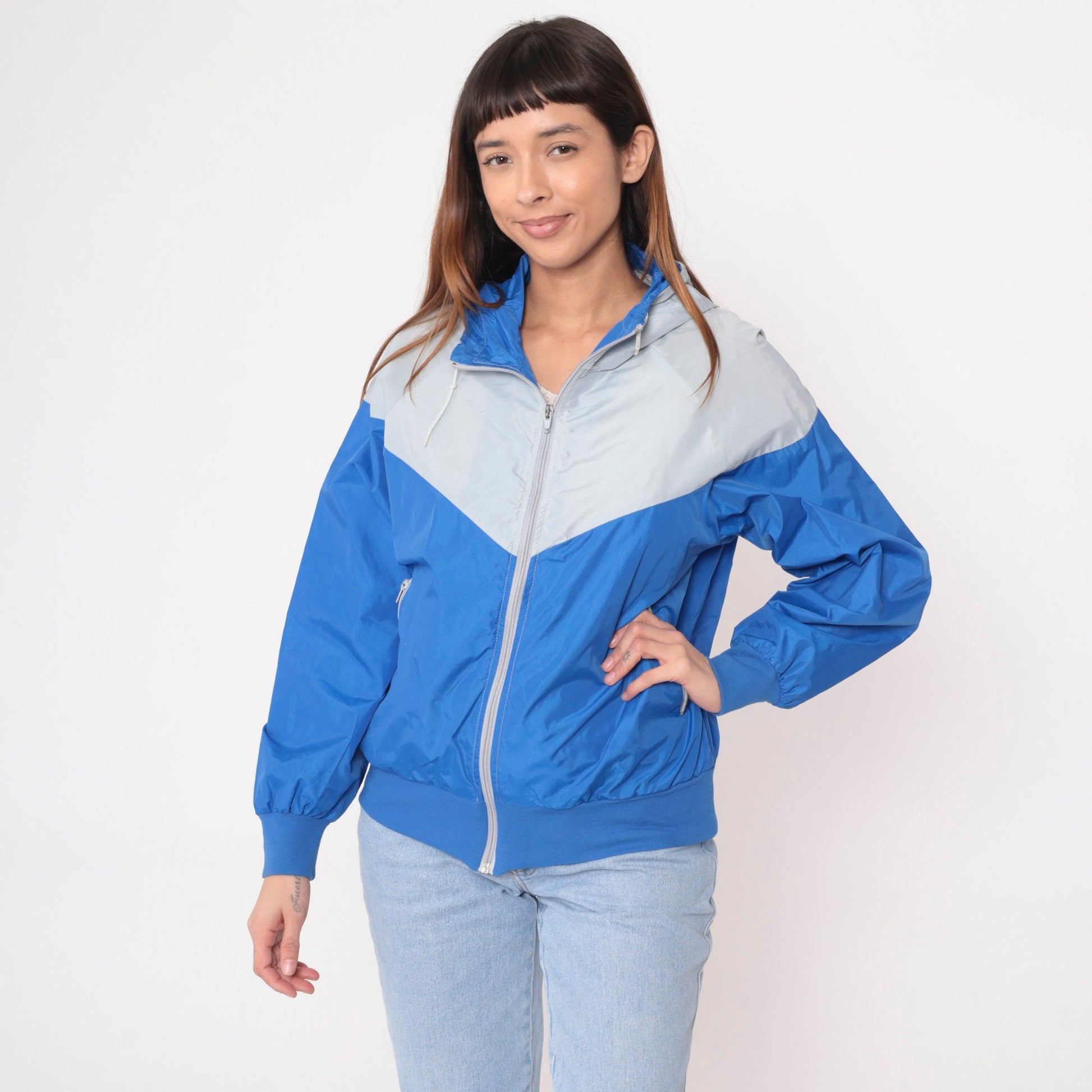 80s Nike Colour Block Hooded Windbreaker Grey Blue Raglan Medium Large