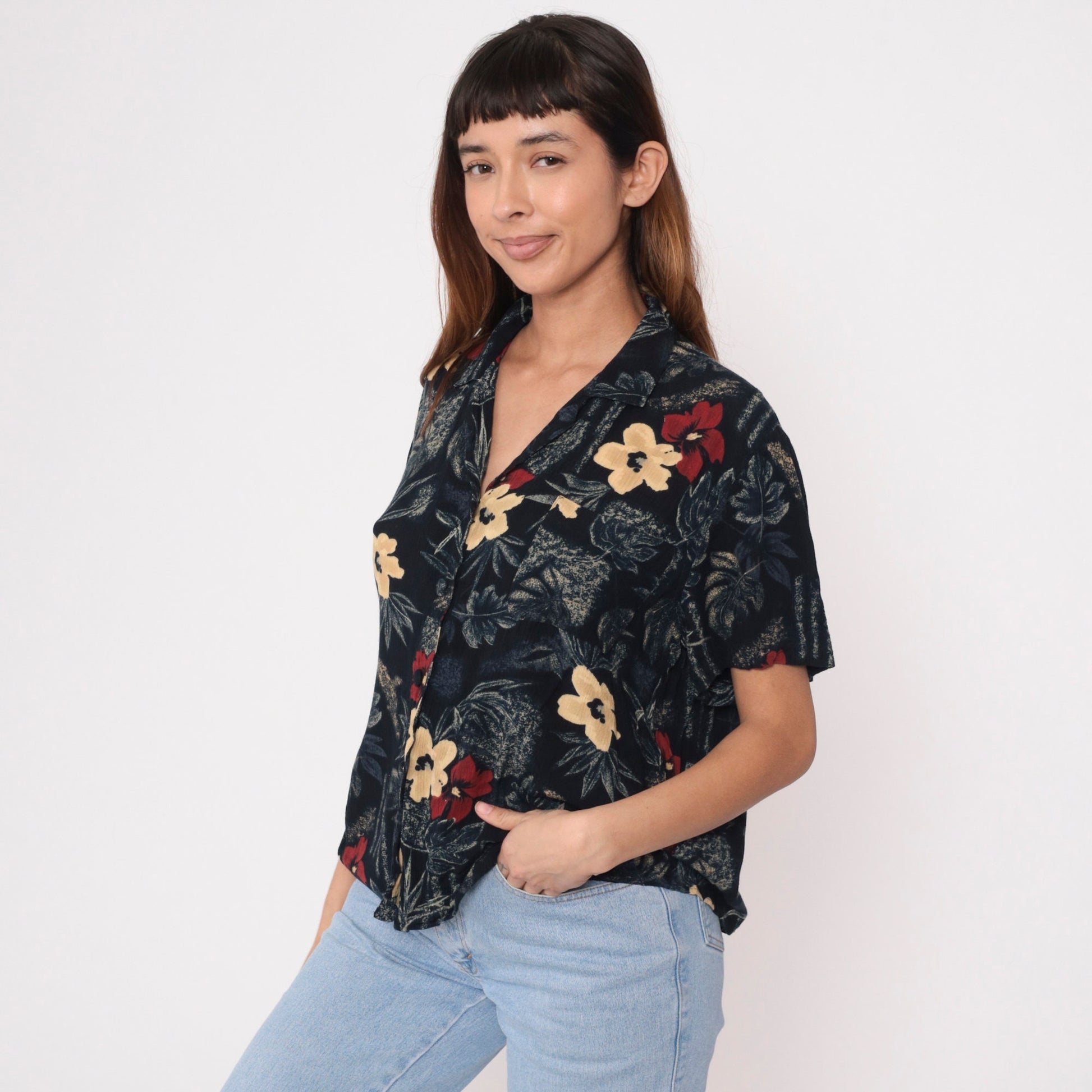 90s Sag Harbor Floral Blouse Black Rayon Button Up Short Sleeve Medium