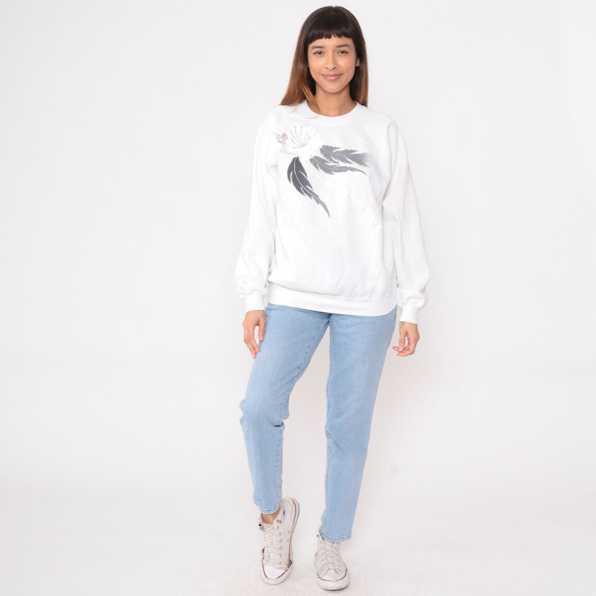 90s Rhinestone Floral White Sweatshirt Mesh Lace Crewneck Raglan Large L