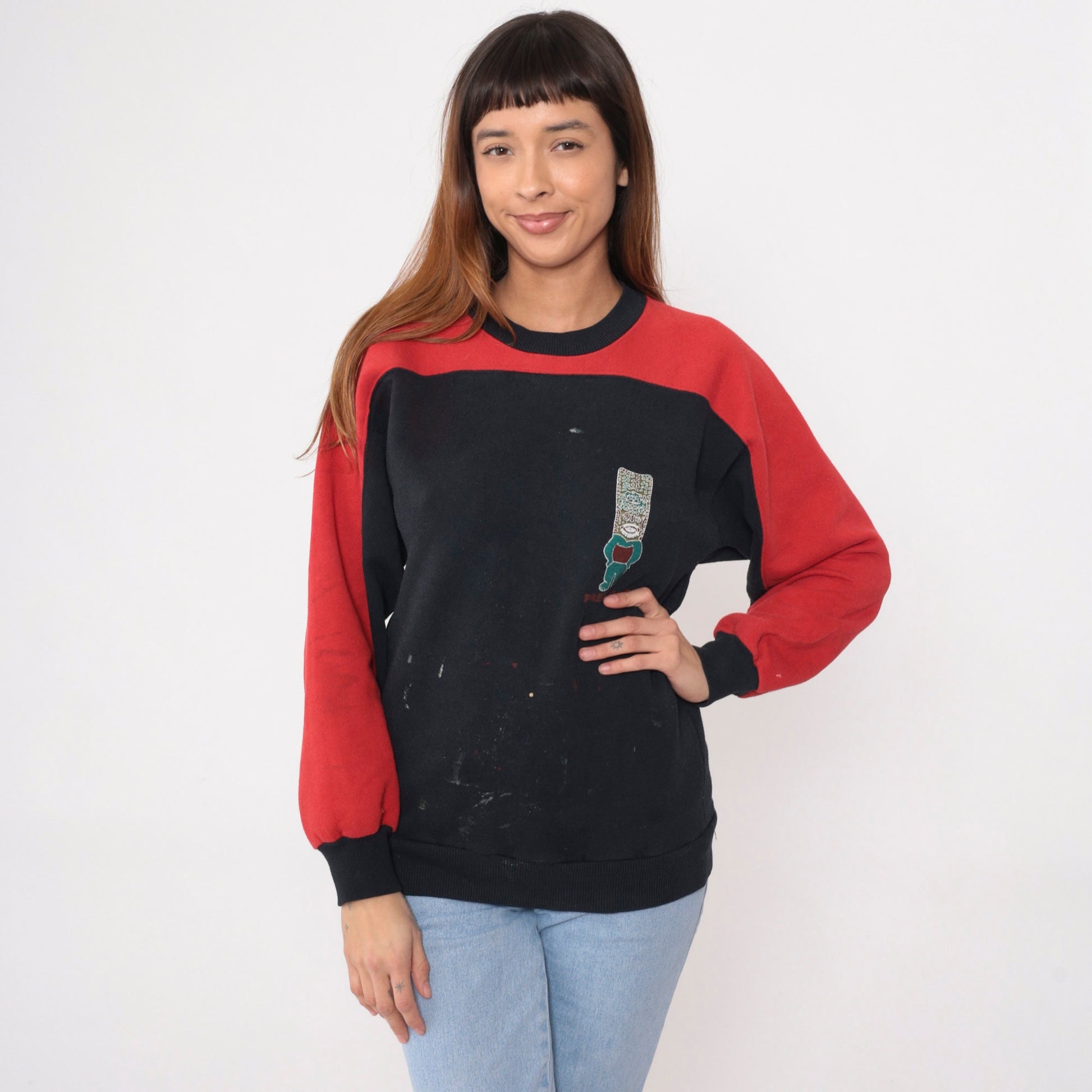 90s Hawaiian Gods Prescott Sweatshirt Black Red Paint Splatter Graphic Medium