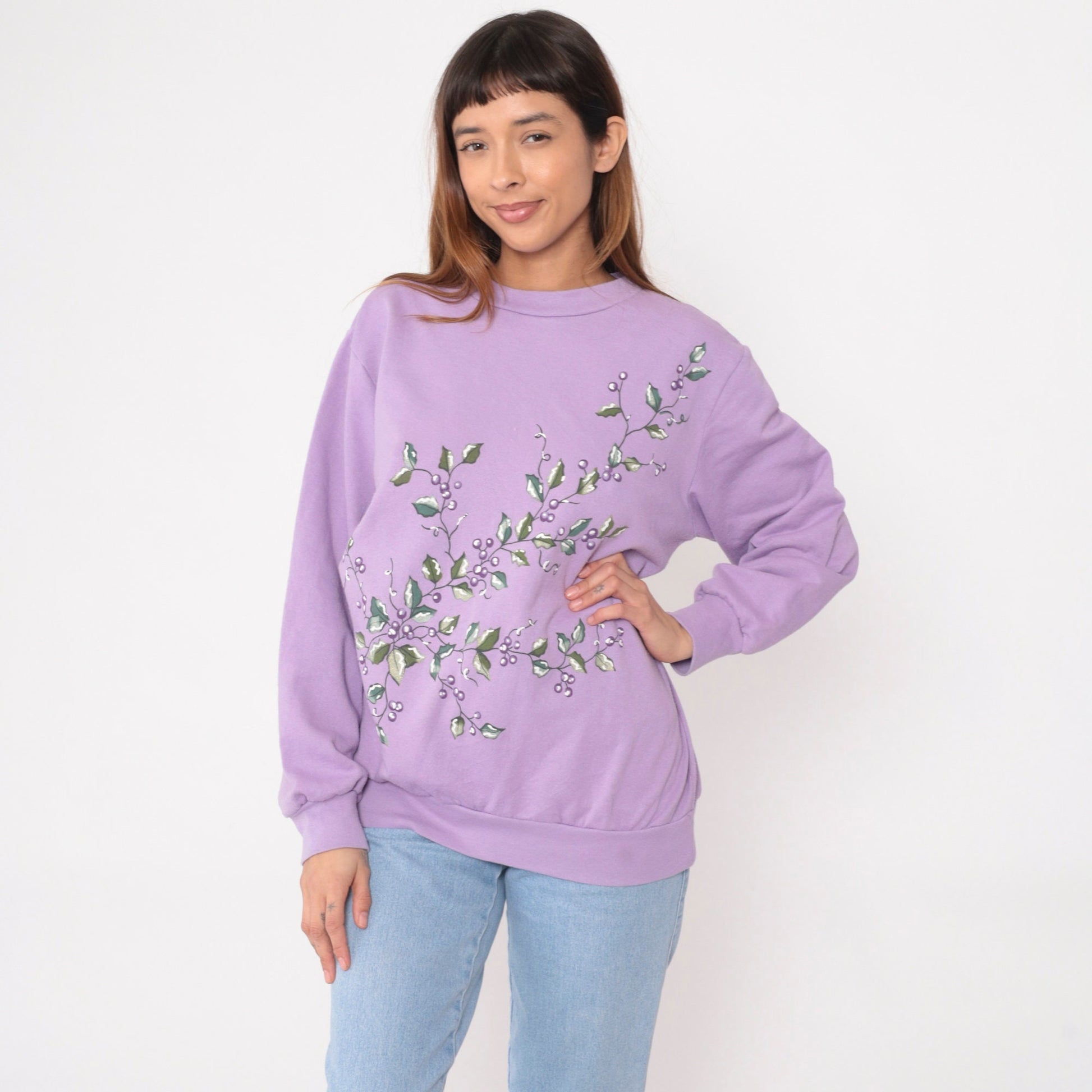 90s Lavender Sweatshirt Botanical Berry Leaf Graphic Crewneck Pullover Large L
