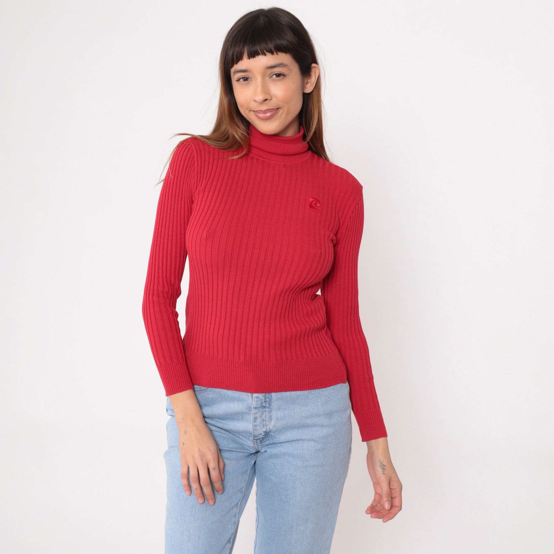80s Pierre Cardin Red Turtleneck Sweater Ribbed Knit Pullover Small S
