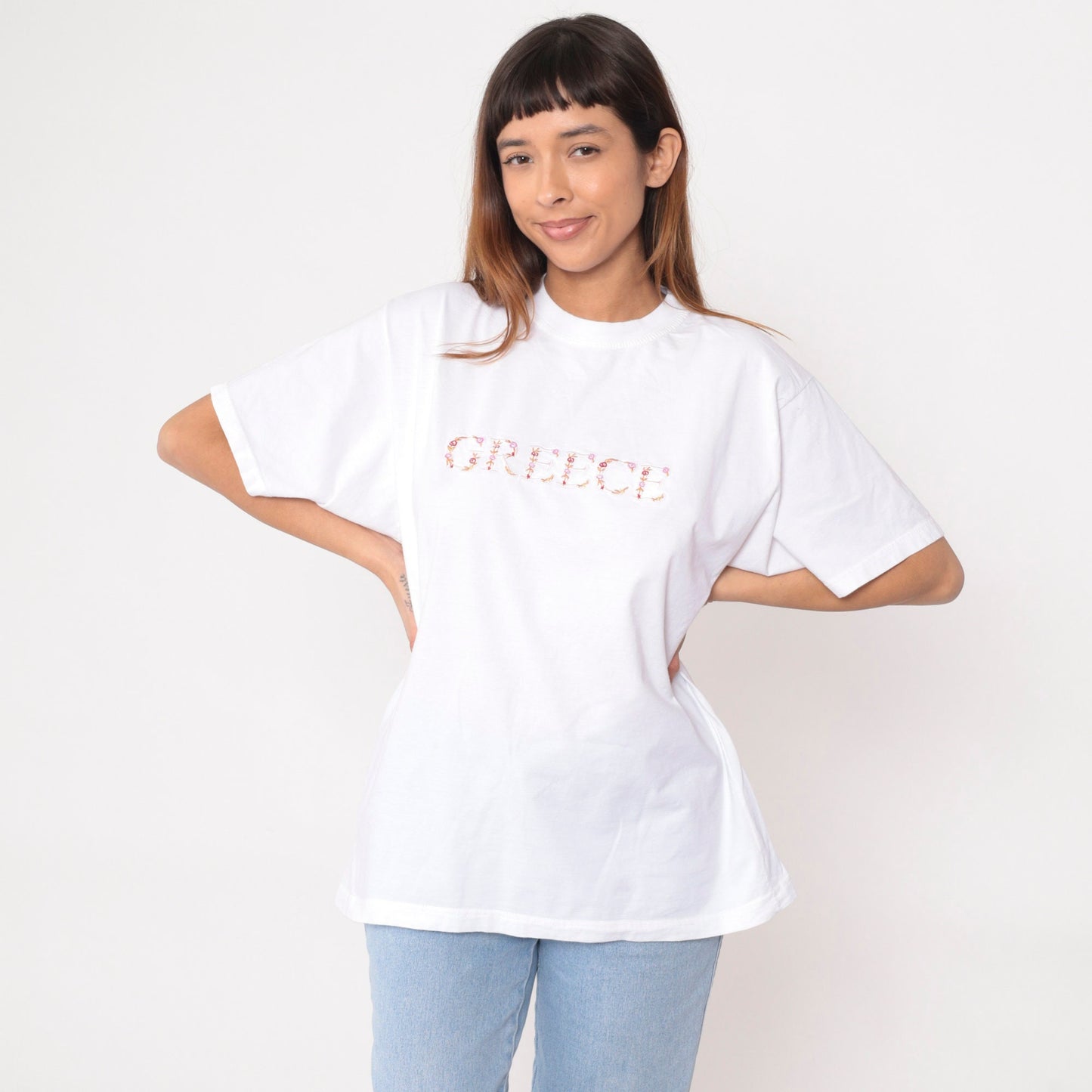 90s Greece Floral Embroidered White Cotton T-Shirt Graphic Tee Large L