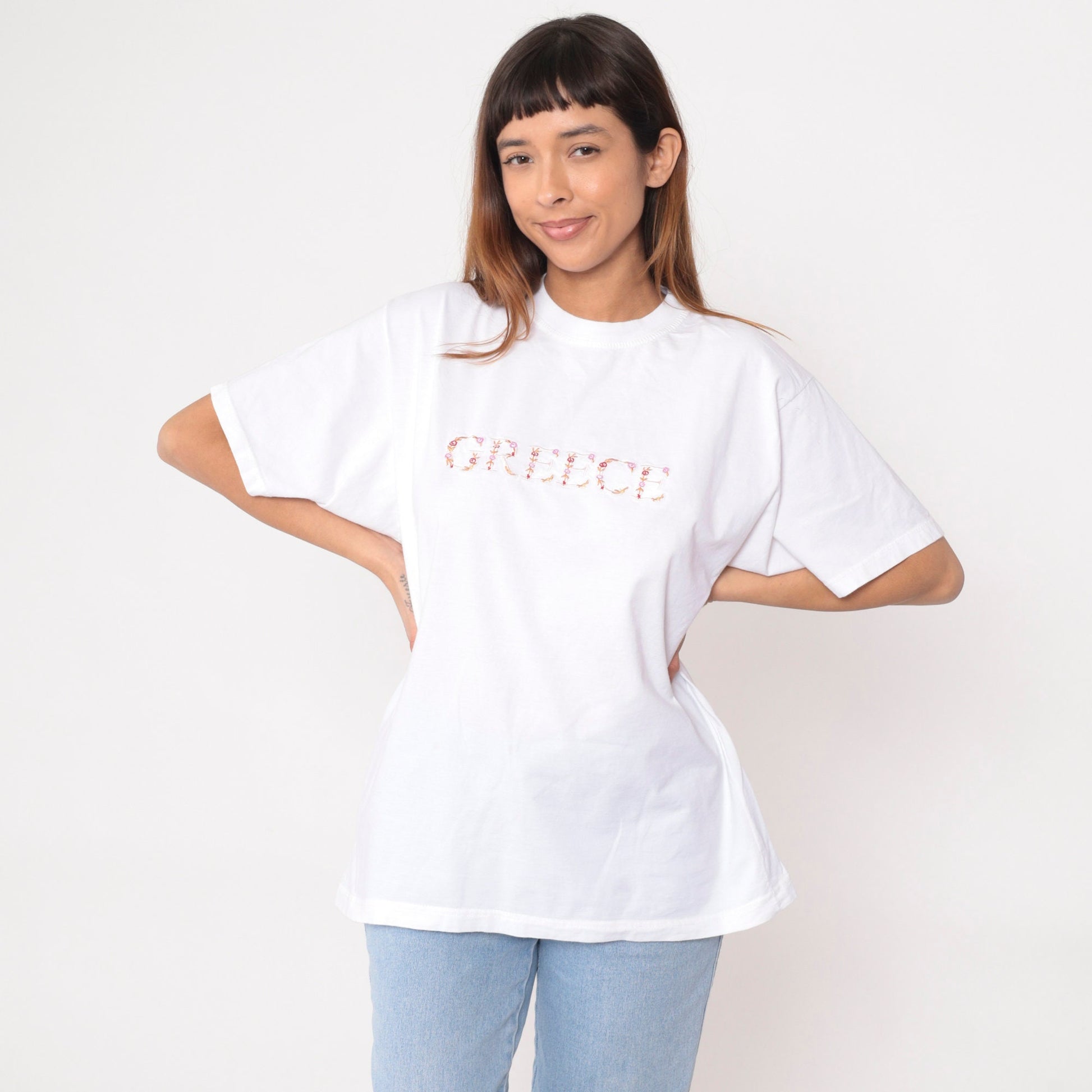 90s Greece Floral Embroidered White Cotton T-Shirt Graphic Tee Large L