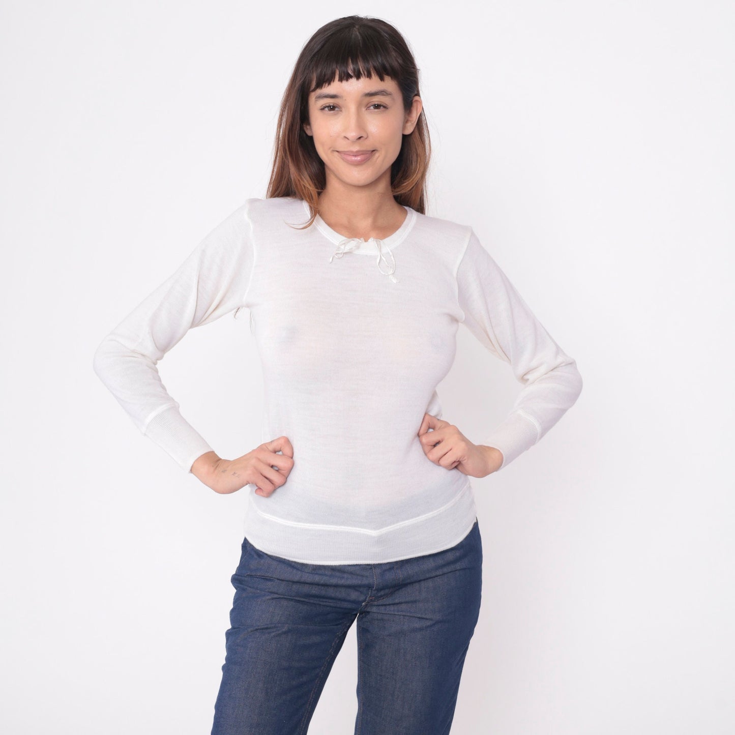 80s White Wool Thermal Long Sleeve Pullover Shirt Snowflake Small