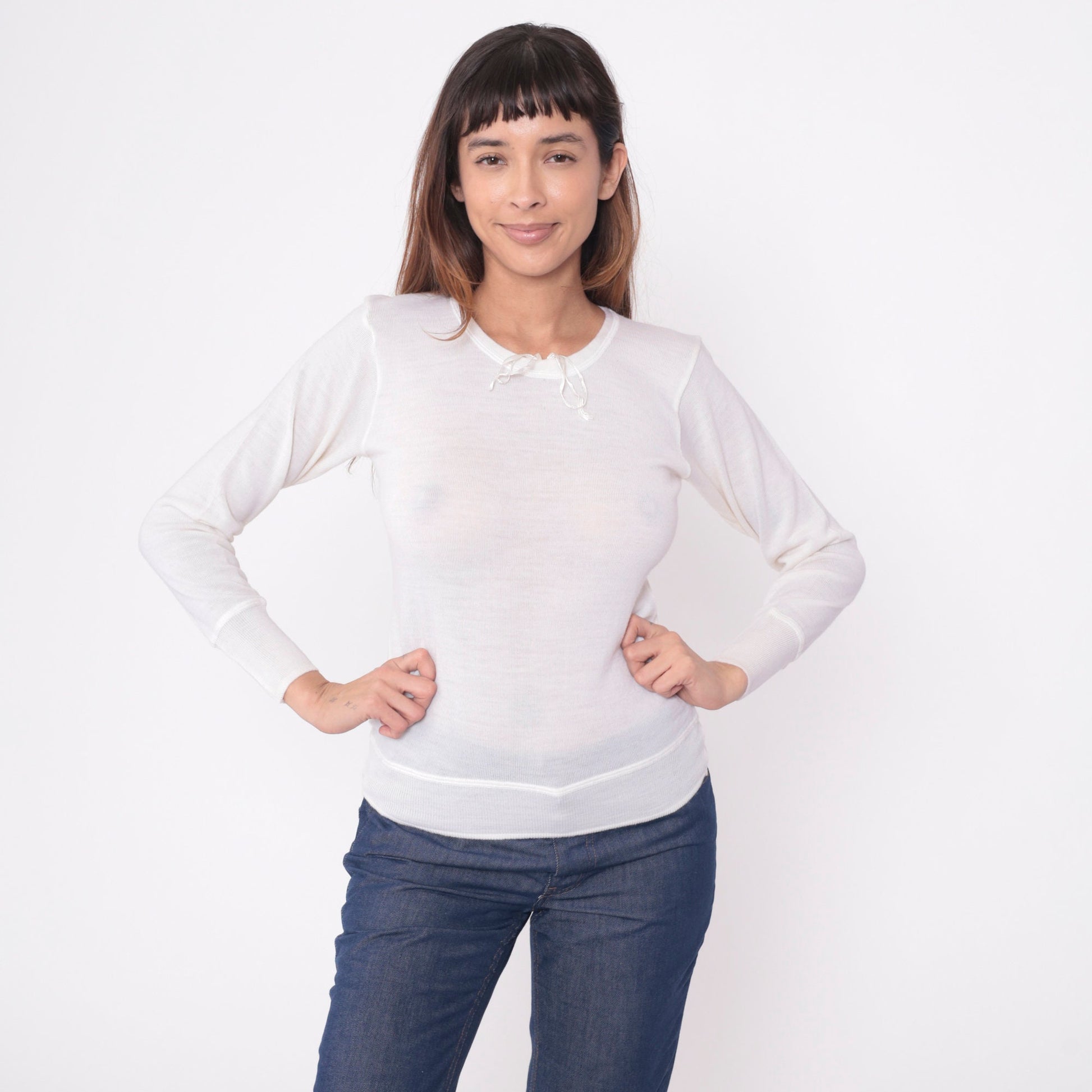 80s White Wool Thermal Long Sleeve Pullover Shirt Snowflake Small