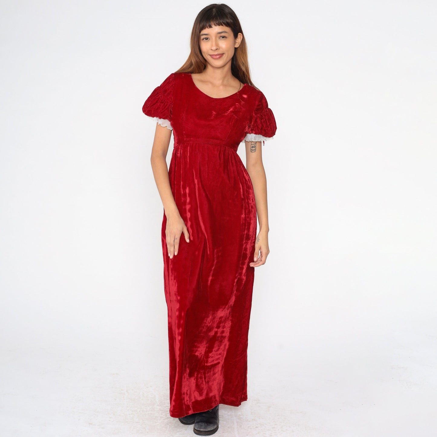 70s Emma Domb Red Velvet Maxi Dress Puff Sleeve Empire Waist Small S