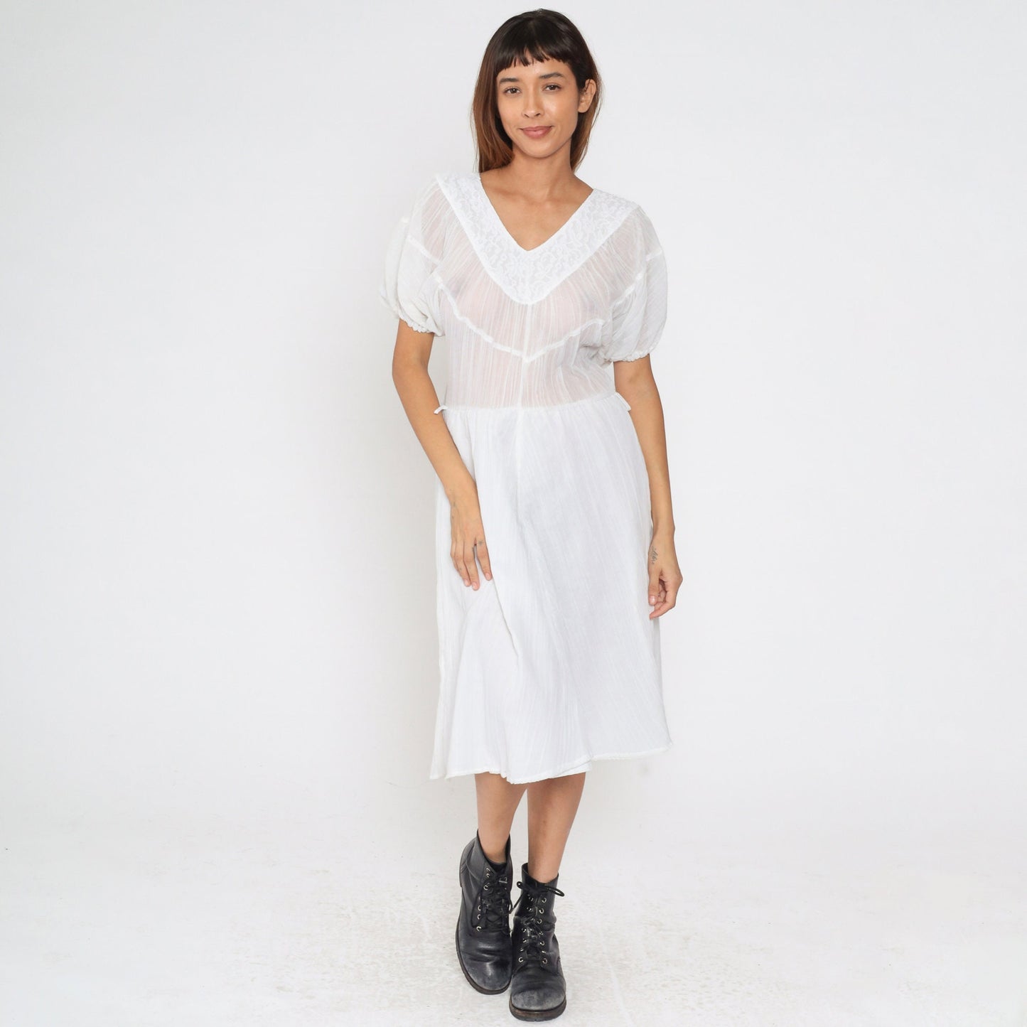 80s White Gauze Midi Dress Puff Sleeve V-Neck Lace Trim High Waist Extra Small