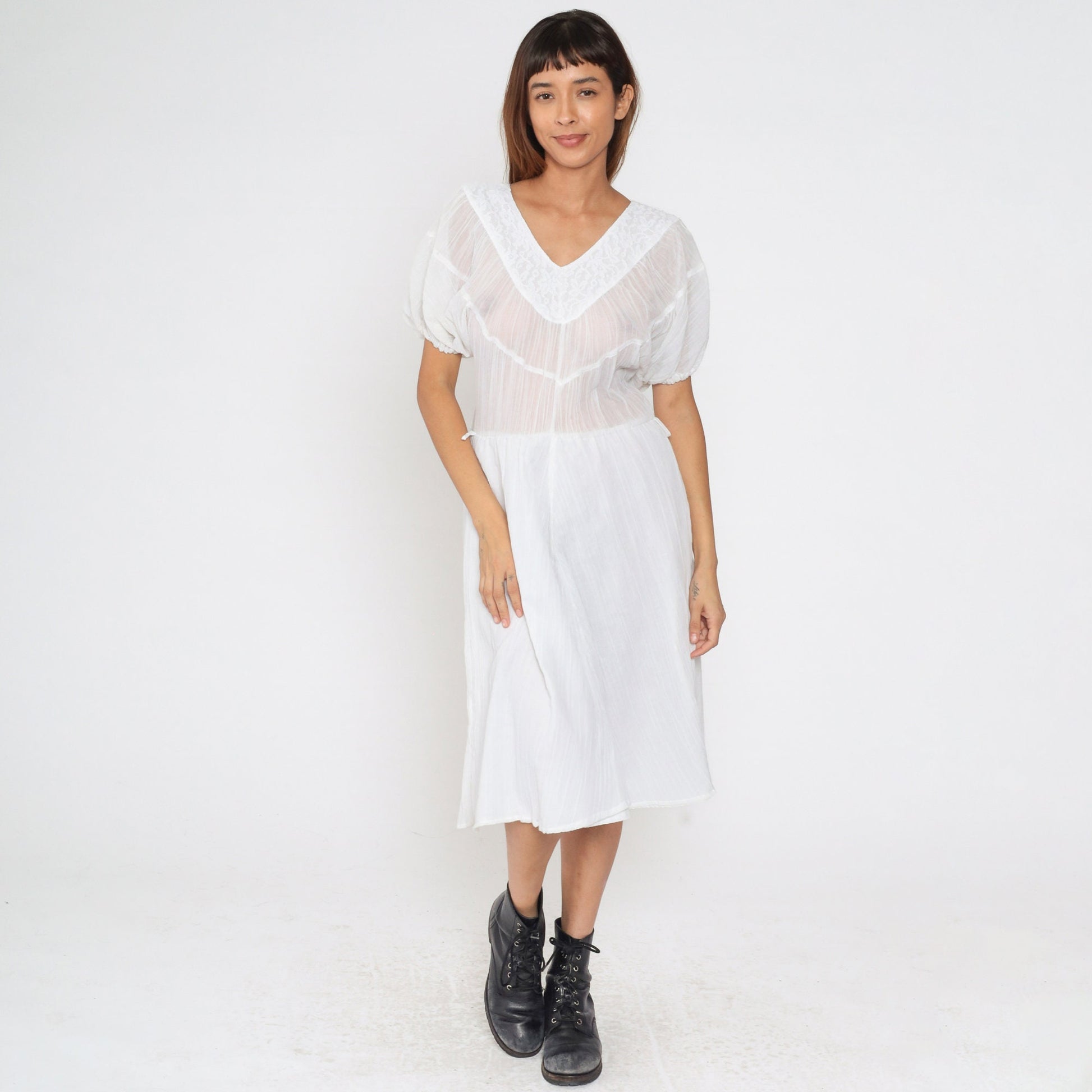 80s White Gauze Midi Dress Puff Sleeve V-Neck Lace Trim High Waist Extra Small