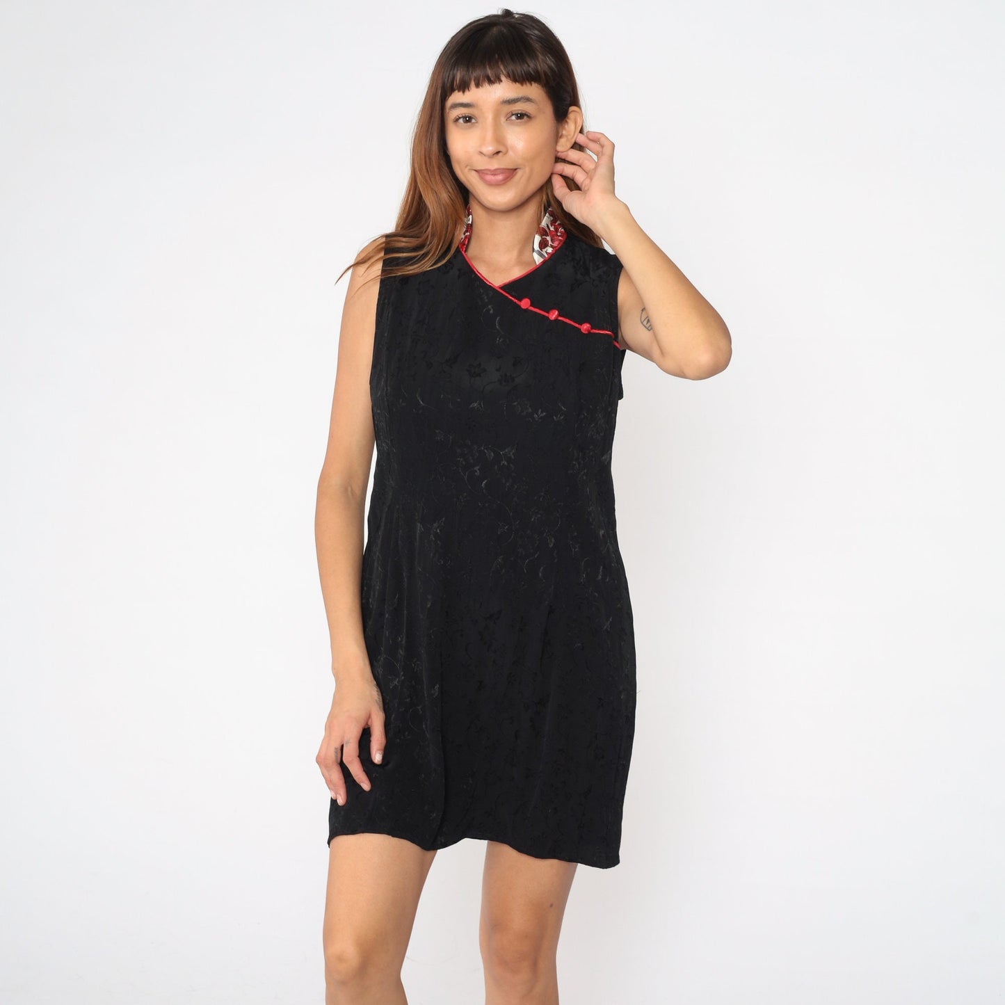 90s Black Floral Embossed Cheongsam Mini Dress Mandarin Collar Large