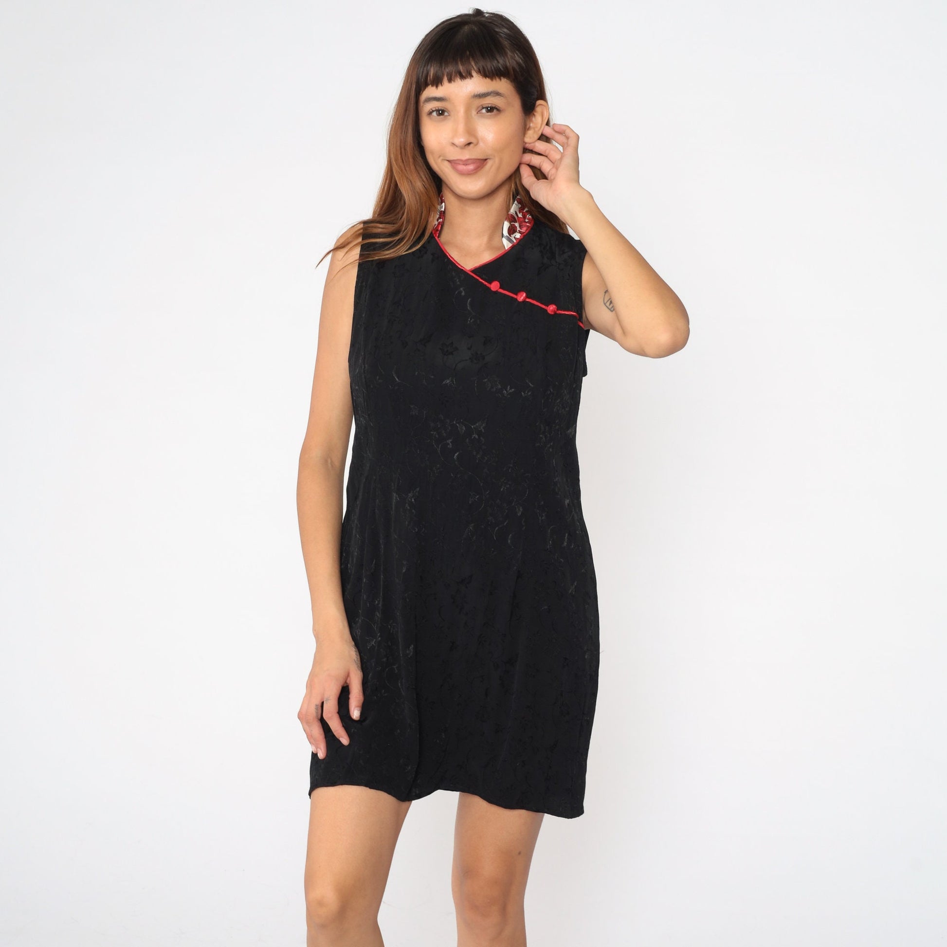 90s Black Floral Embossed Cheongsam Mini Dress Mandarin Collar Large