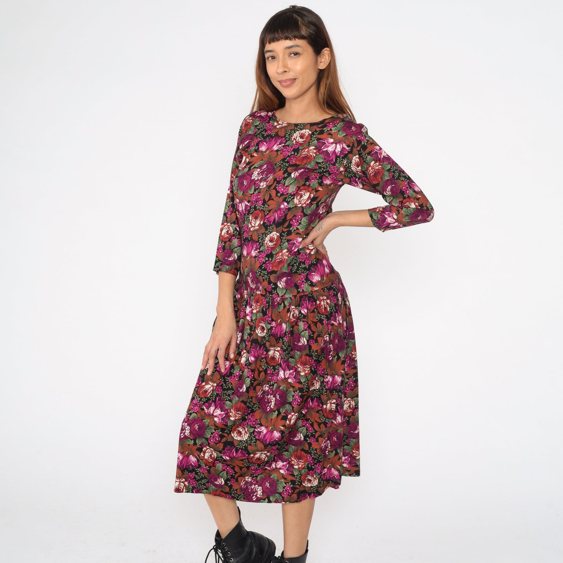 90s Floral Midi Dress Drop Waist Long Sleeve Rayon Fuchsia Multicolor Small