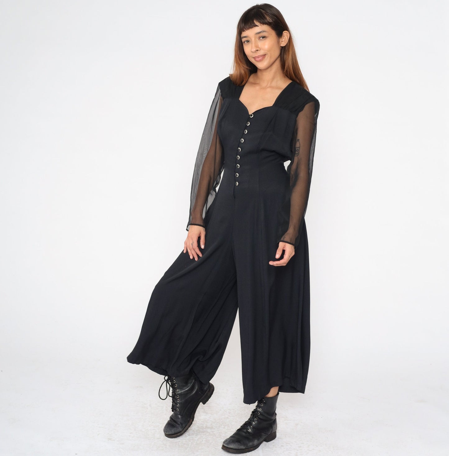 90s Black Wide Leg Jumpsuit Chiffon Sleeve Sweetheart Neckline Large 12