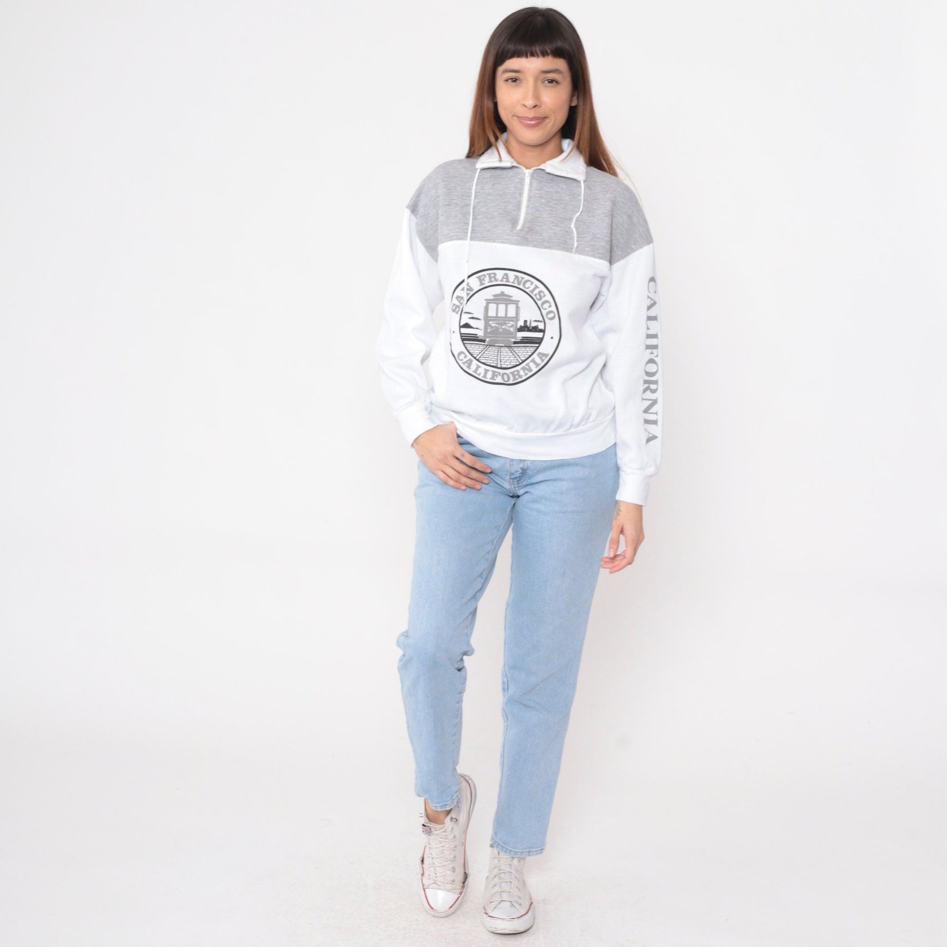 90s San Francisco Trolley Quarter Zip Sweatshirt Grey White Small Medium