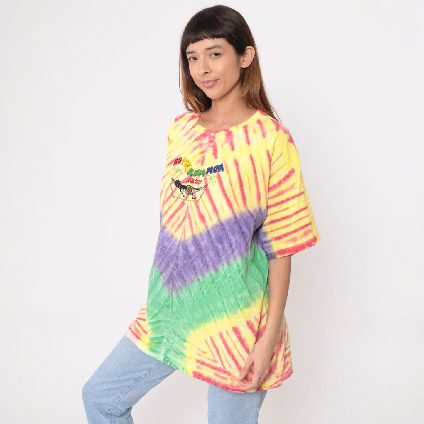 00s Jamaica Tie Dye Graphic T-Shirt No Problem Mon Palm Tree Yellow Red Purple XXL