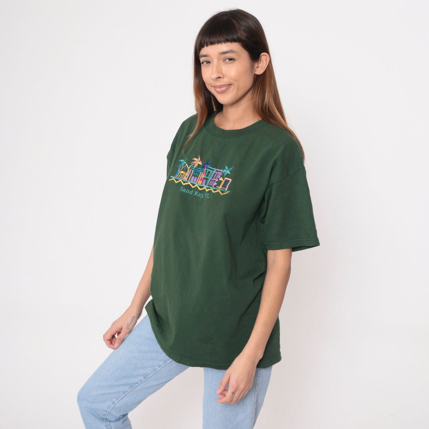 00s Sand Key Florida Clearwater Embroidered Graphic Tee Green Cotton Large