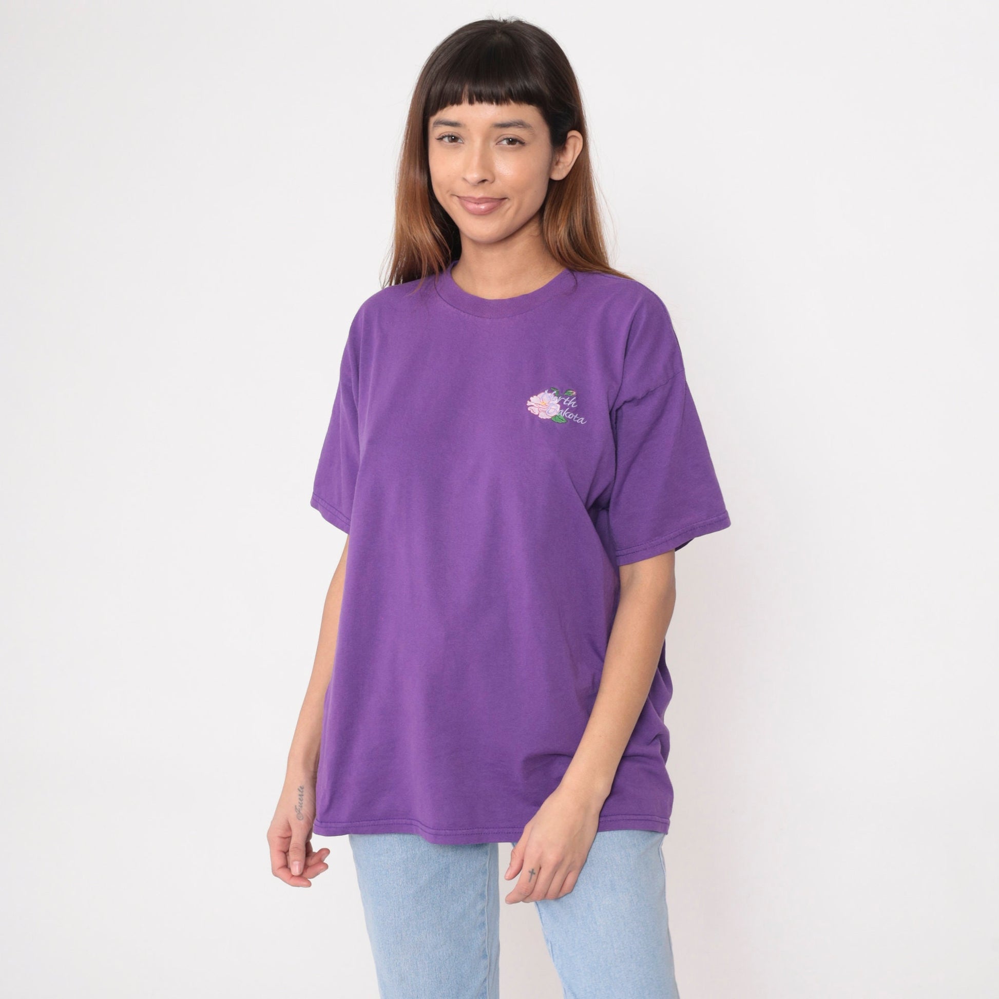 North Dakota Prairie Rose Embroidered Graphic Tee Purple 1990s Extra Large