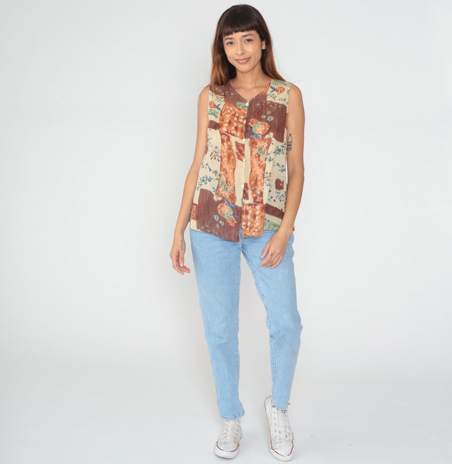90s Patchwork Floral Button-Up Tank Top Brown Orange Green Small S