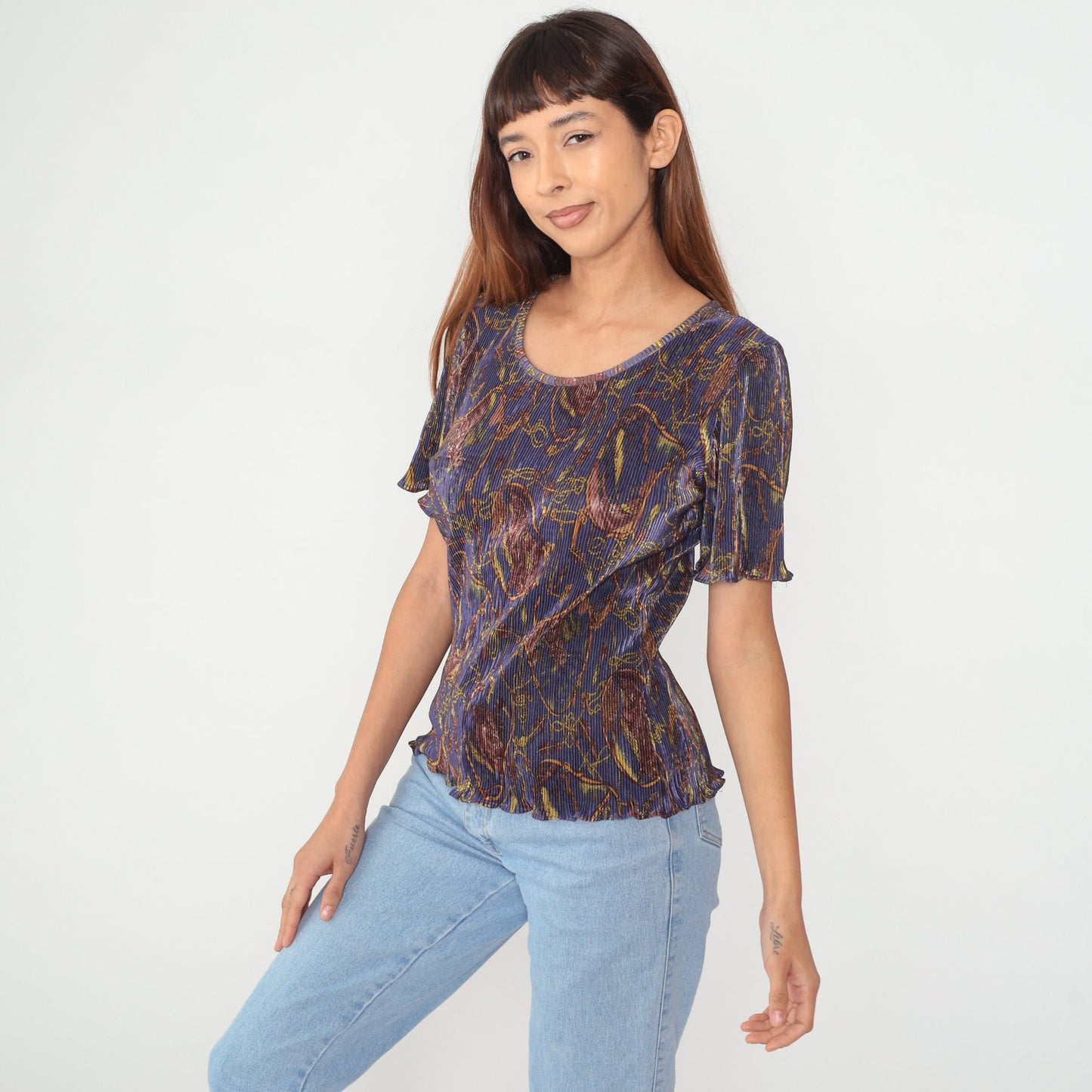 90s Baroque Abstract Print Pleated Blouse Short Sleeve Purple Small Medium