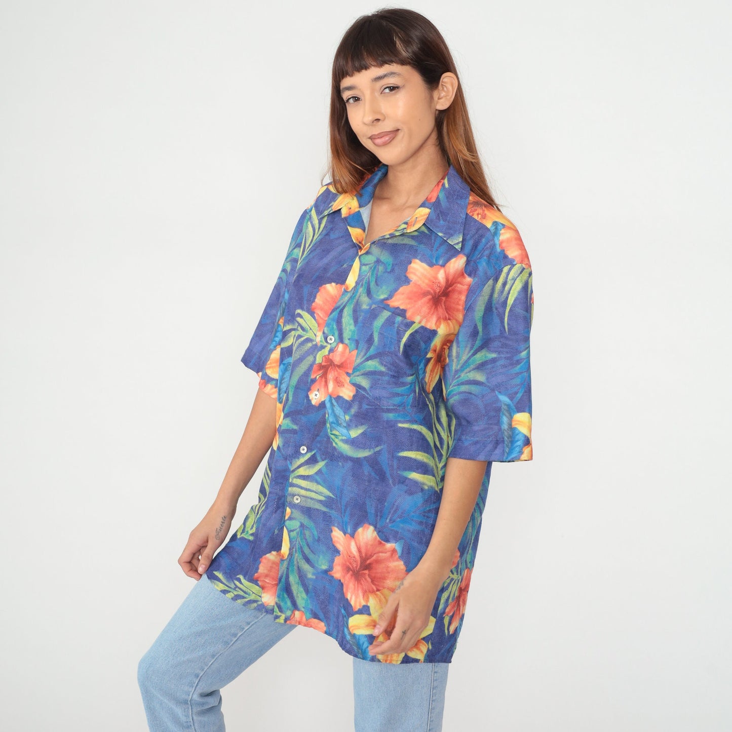 90s Georg Roth Hawaiian Shirt Blue Tropical Floral Button Up Extra Large