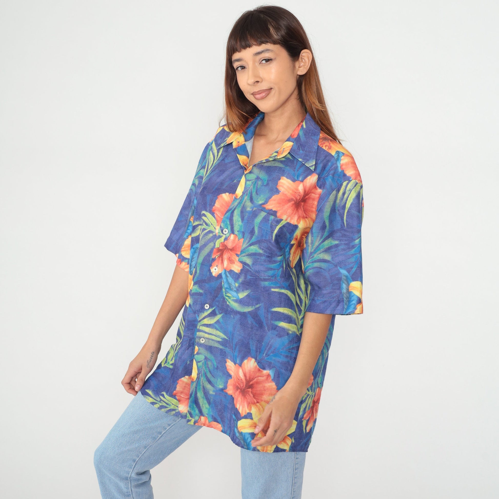 90s Georg Roth Hawaiian Shirt Blue Tropical Floral Button Up Extra Large