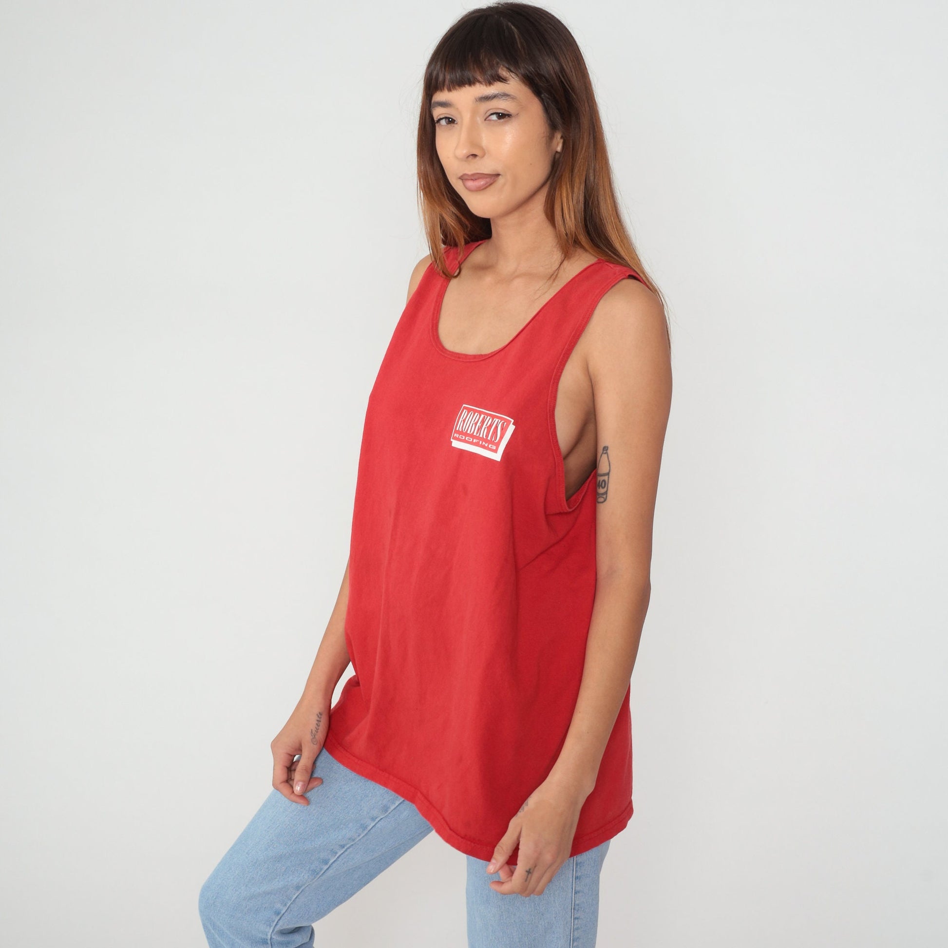 Y2K Robert's Roofing Graphic Tank Top Red Cotton Racerback Extra Large XXL