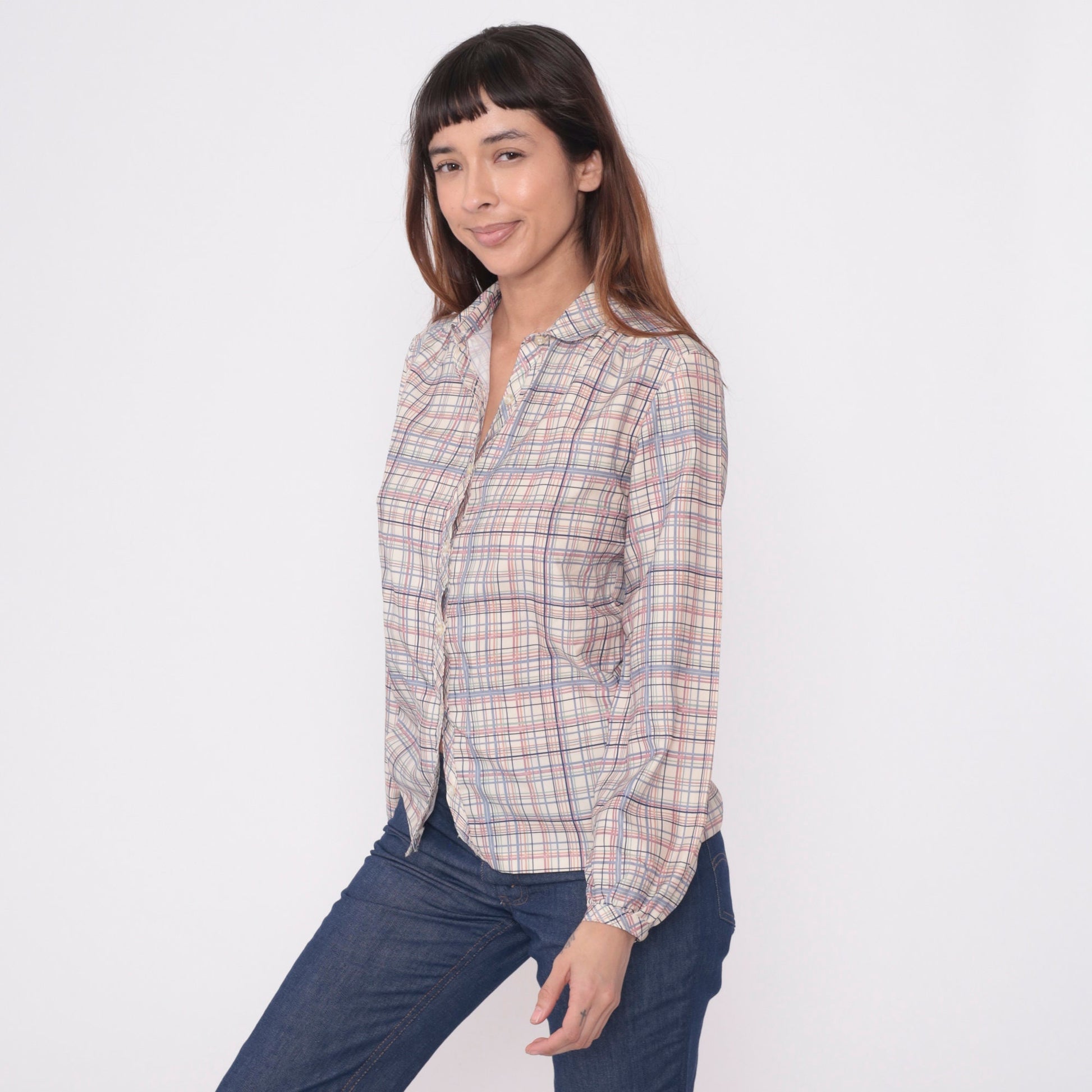 80s Plaid Button-Up Blouse Cream Lavender Pink Checkered Long Sleeve Small