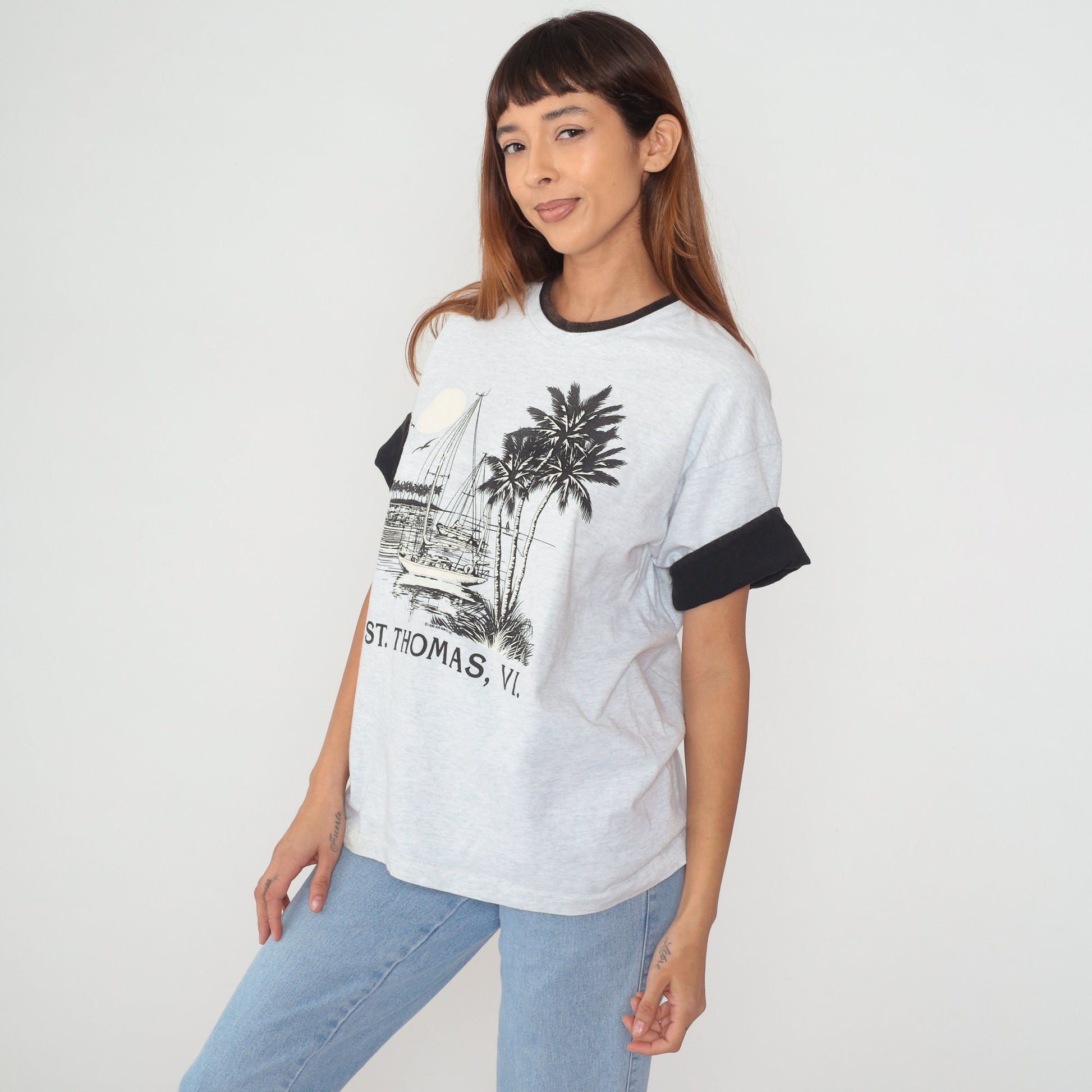 90s St Thomas Virgin Islands Sailboat Graphic Tee Heather Grey Large