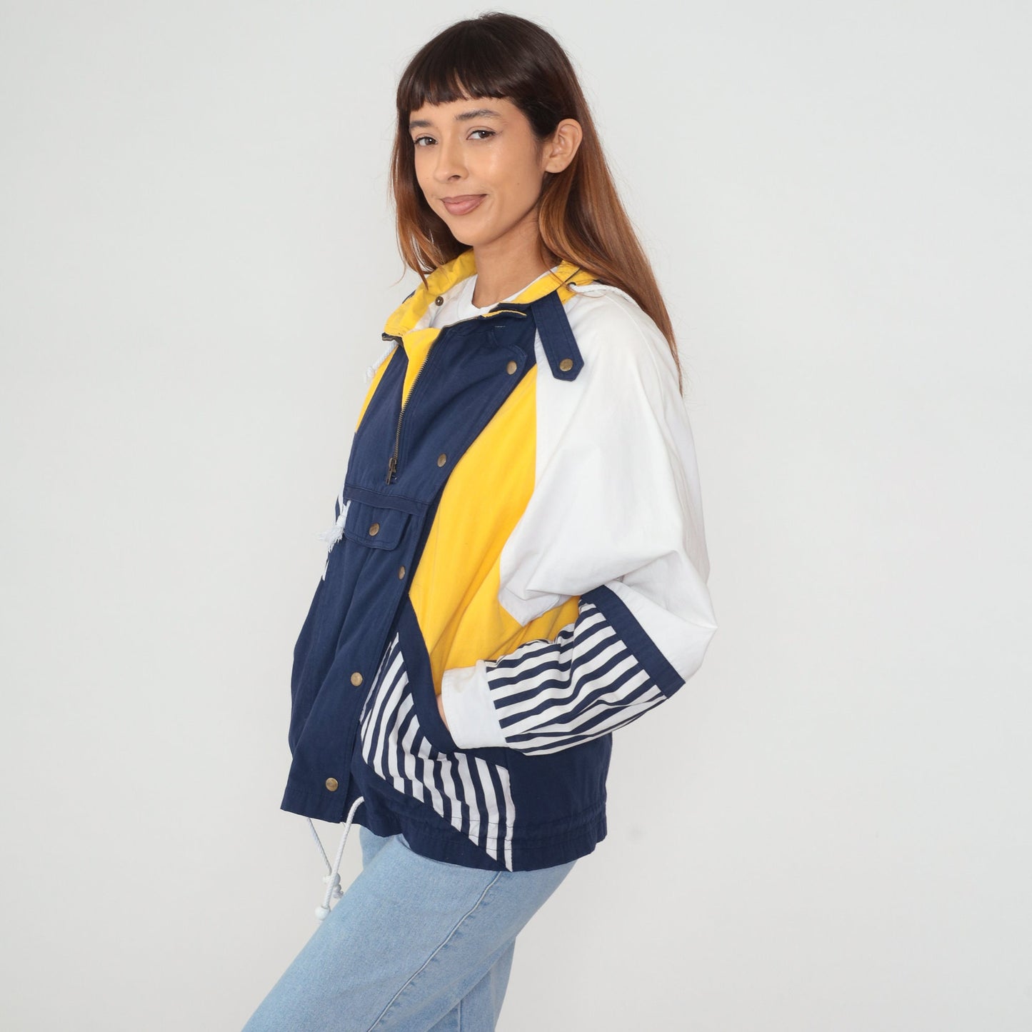 90s Hunt Club Windbreaker Jacket Quarter Zip Hooded Colorblock White Navy Yellow Medium
