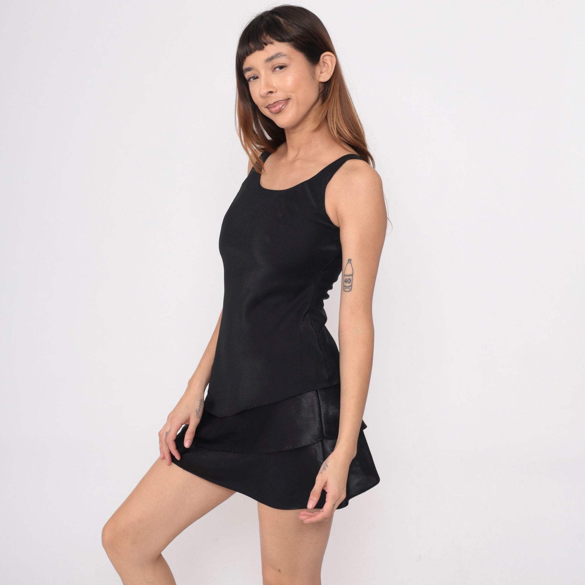 Y2K Black Mini Dress Tiered Flounce Satin Sheath Sleeveless Extra Small