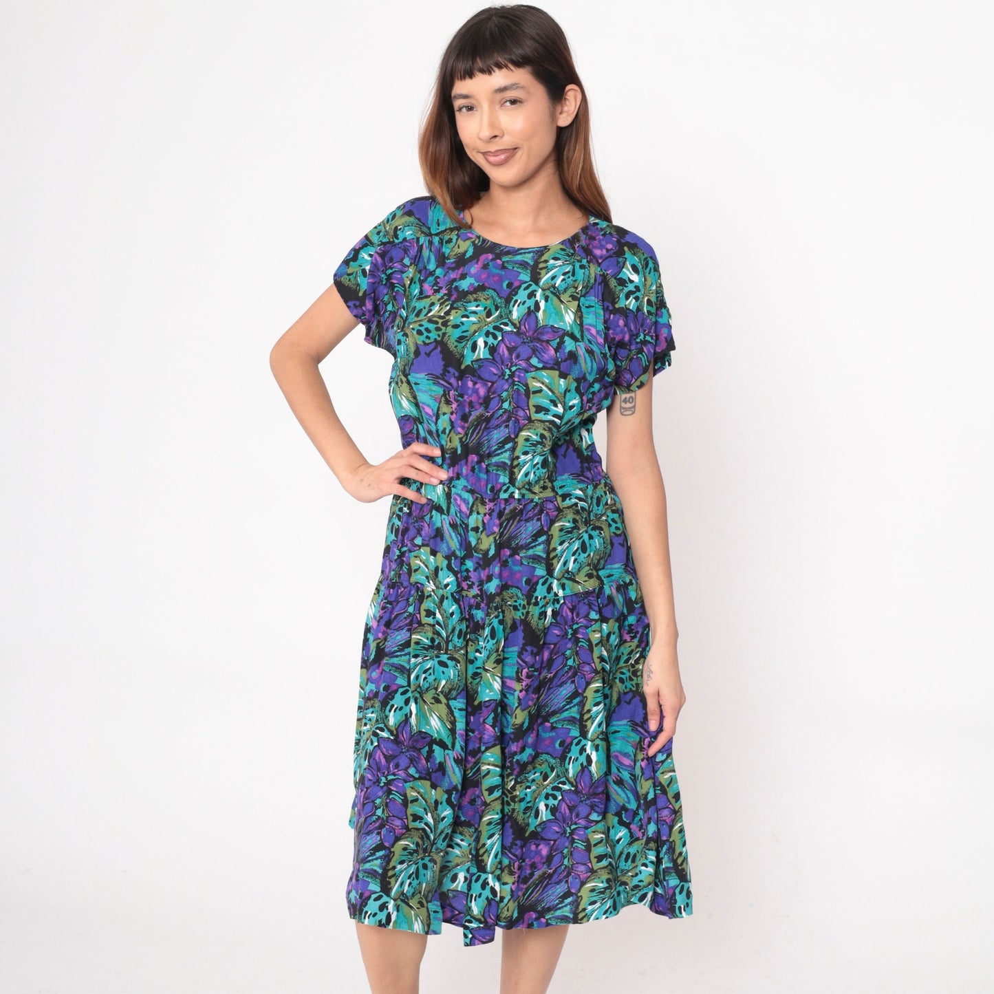 90s Tropical Floral Midi Dress Purple Teal Short Sleeve High Waist Large 12