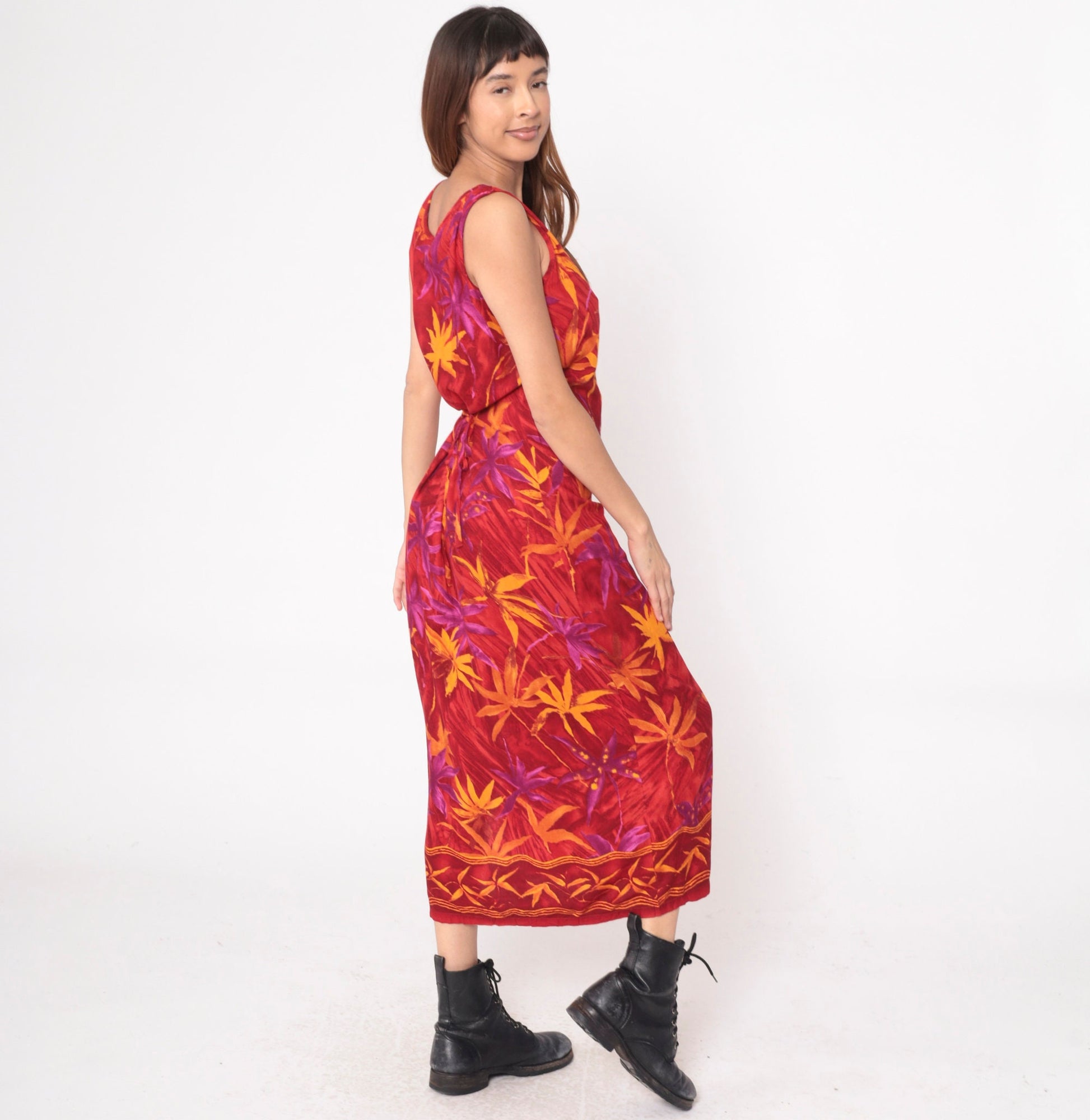 90s Red Tropical Leaf Print Maxi Dress Sleeveless Scoop Neck Medium M