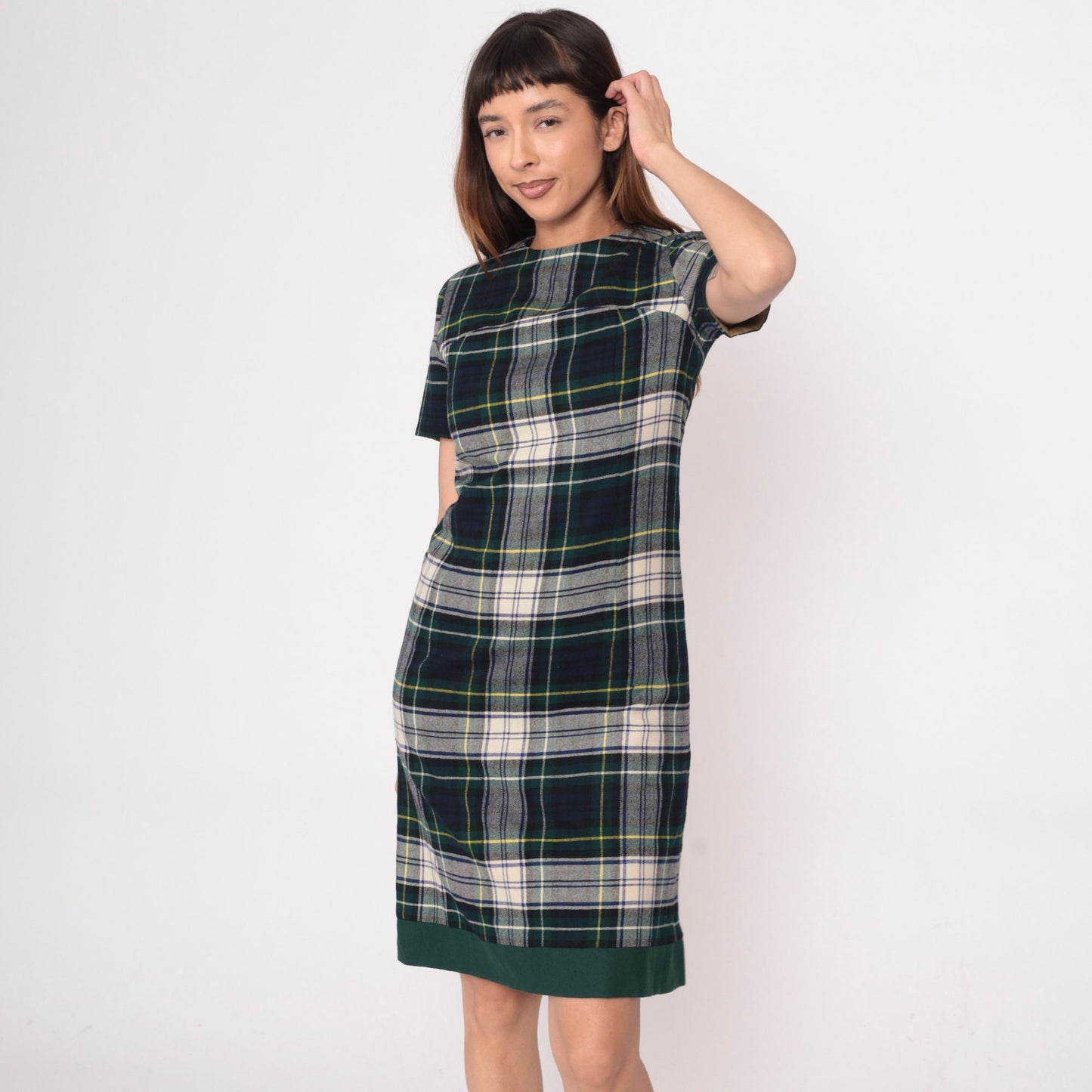 60s Vogue Couturier Plaid Wool Sheath Dress Blue Green Tartan Small