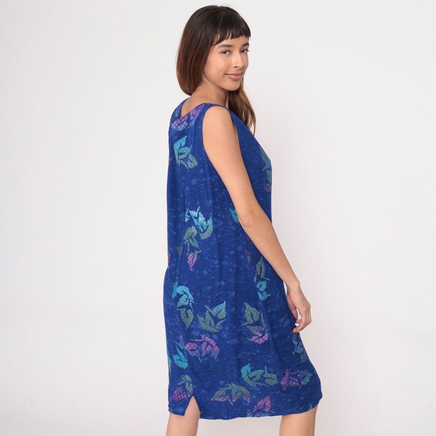 Y2K Blue Tropical Leaf Print Midi Shift Dress Sleeveless Extra Large XXL