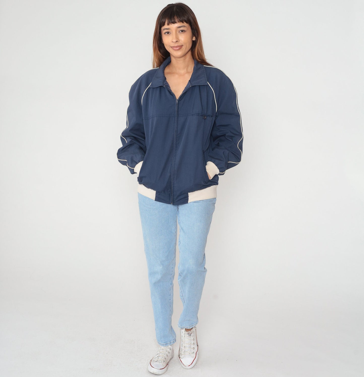 80s Navy Bomber Jacket Beige Trim Raglan Zip Windbreaker Large L