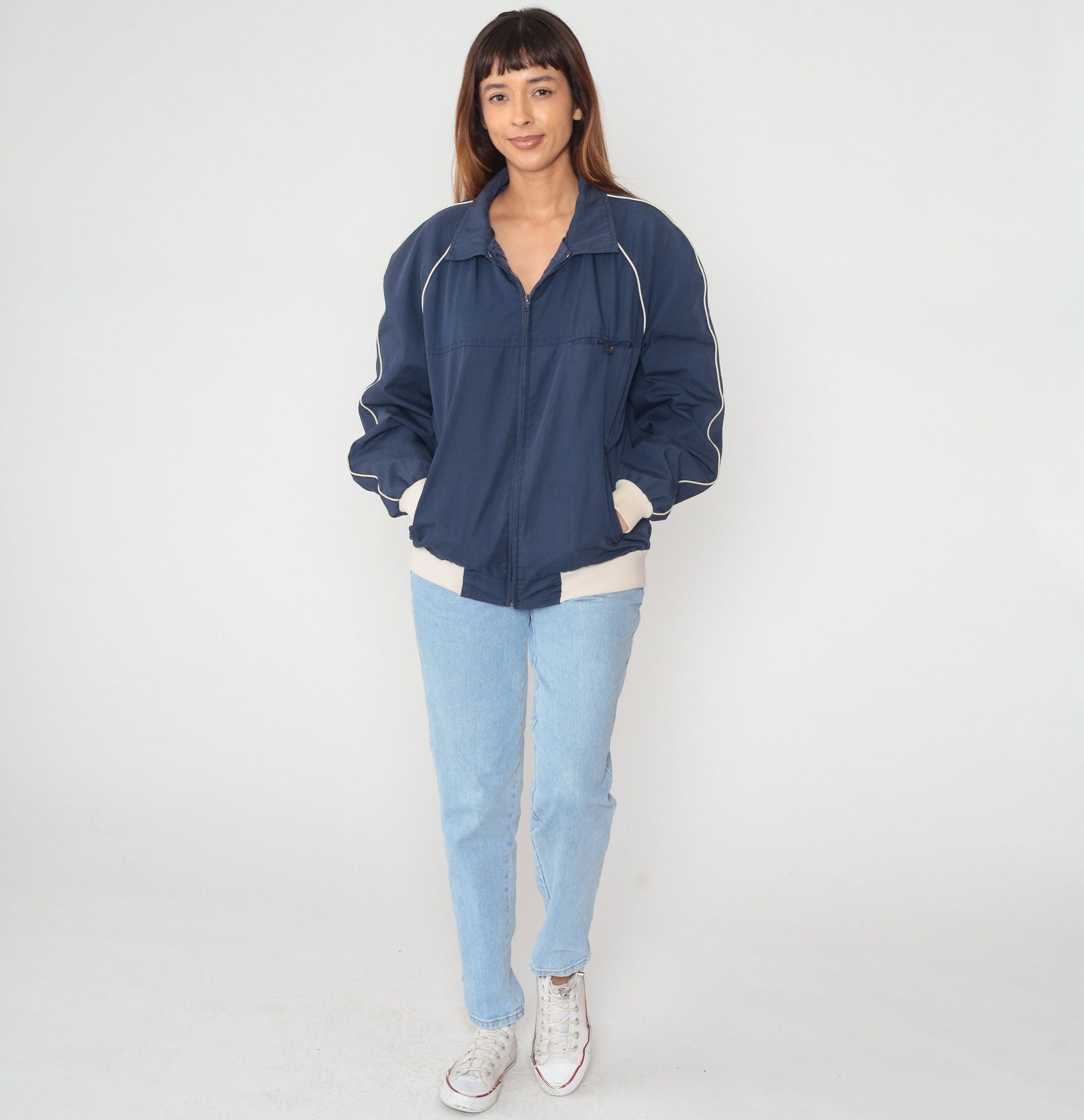 80s Navy Bomber Jacket Beige Trim Raglan Zip Windbreaker Large L