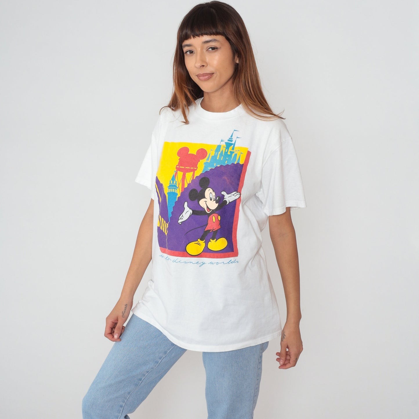 90s Walt Disney World Mickey Mouse Graphic T-Shirt White Cotton Large L
