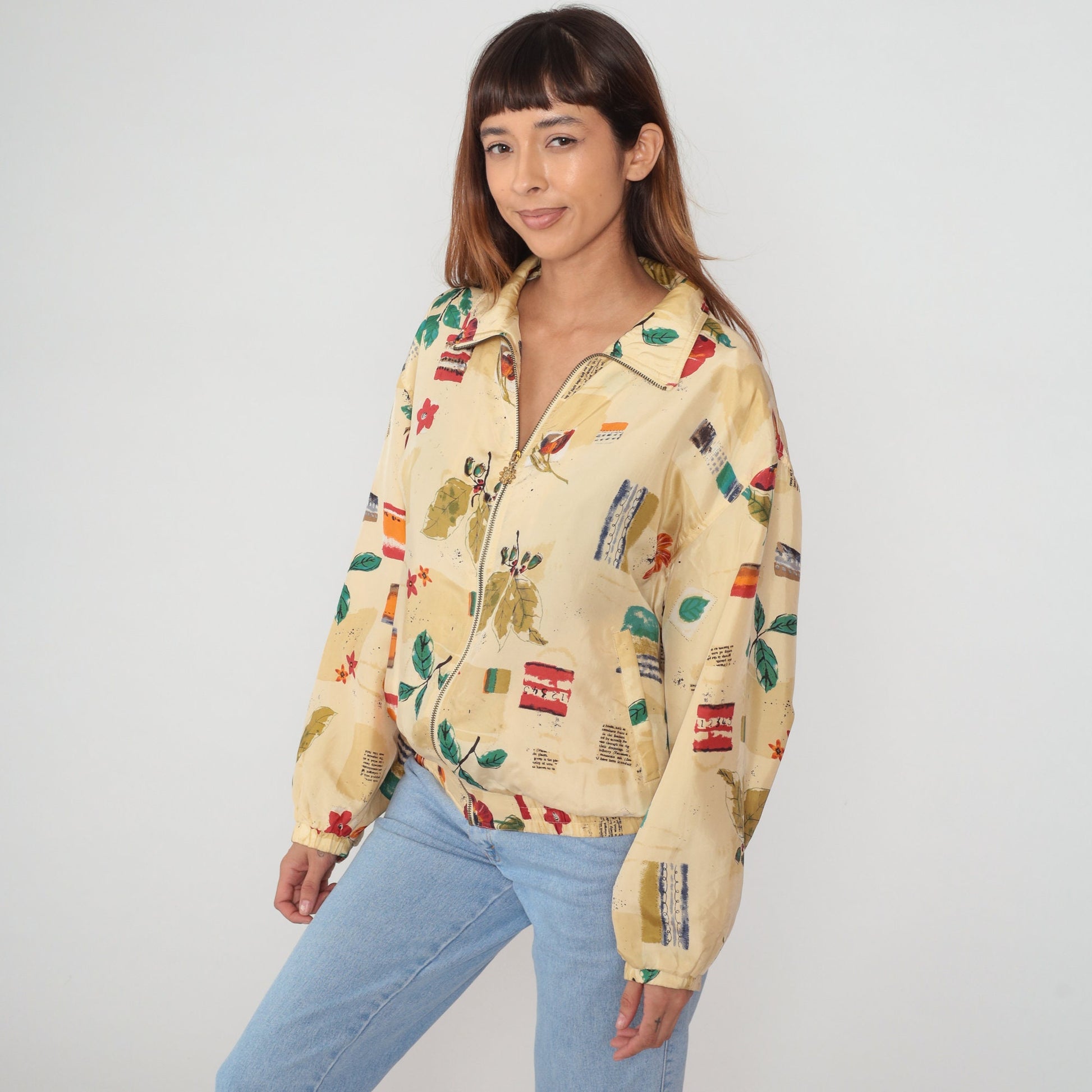 90s Wilson Silk Bomber Jacket Beige Floral Watercolor Print Medium M