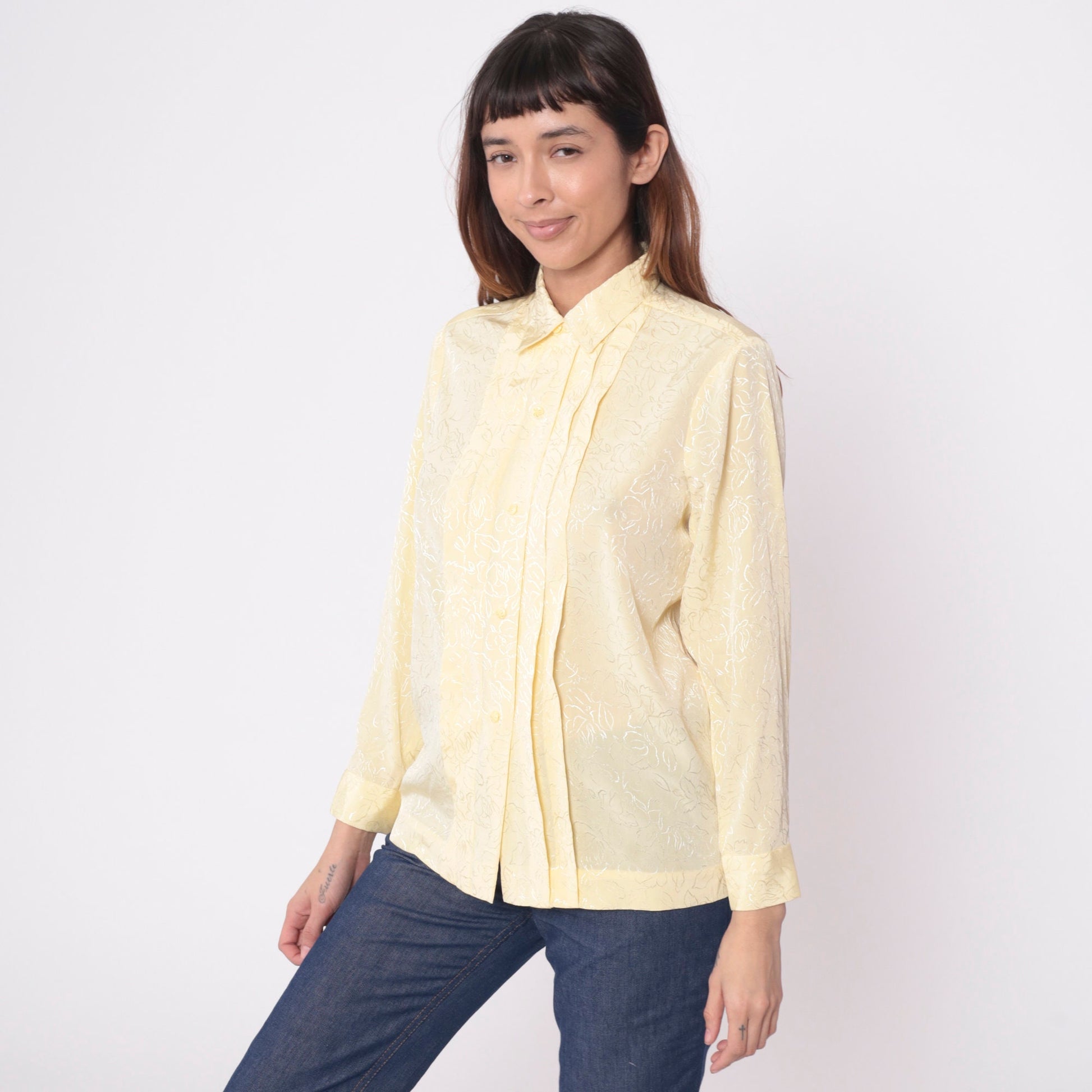 80s Yellow Floral Embossed Button-Up Blouse Long Sleeve Pleated Shirt Medium
