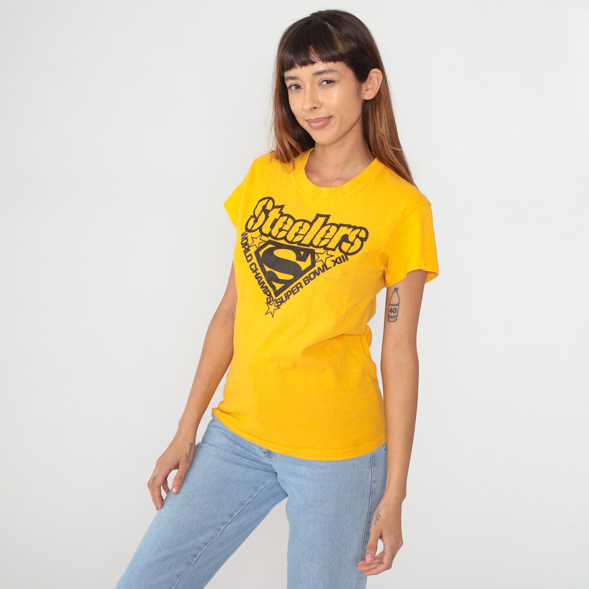 1980s Pittsburgh Steelers Super Bowl XIII Champions Graphic Tee Yellow Medium